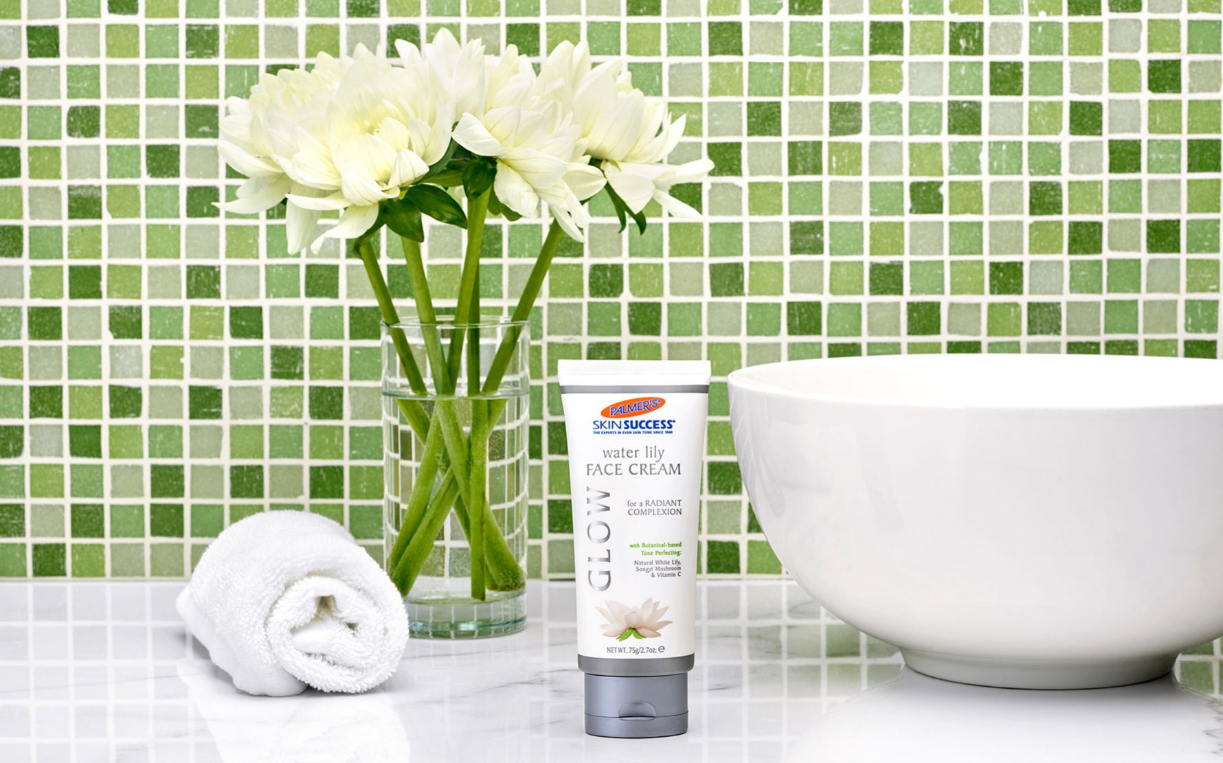 Spa-like vanity with Palmer’s Skin Success Water Lily Face Cream.