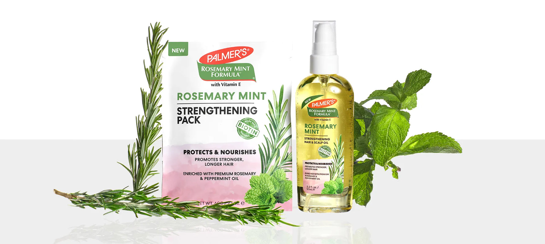 Palmer's Rosemary Mint Hair Care with ingredients on white background