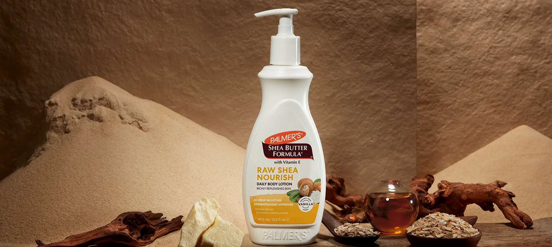 Palmer's Shea Butter Body Lotion with ingredients on a natural background