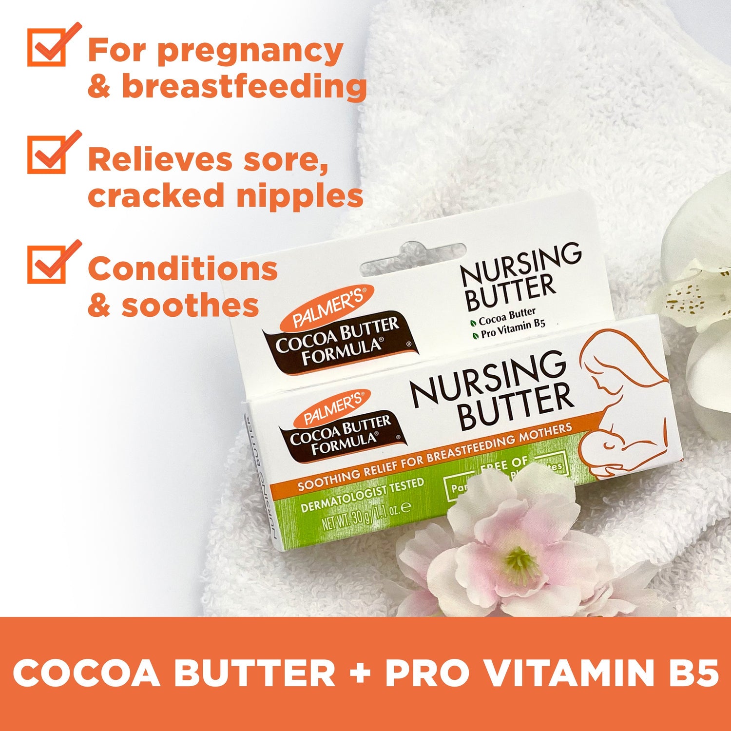 Nursing Butter Nipple Cream boxes on towel with blossoms.