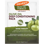 Palmer's Olive Oil Formula Deep Conditioning Pack with Vitamin E, Shine Therapy, in a white and green resealable pouch with olive illustrations.