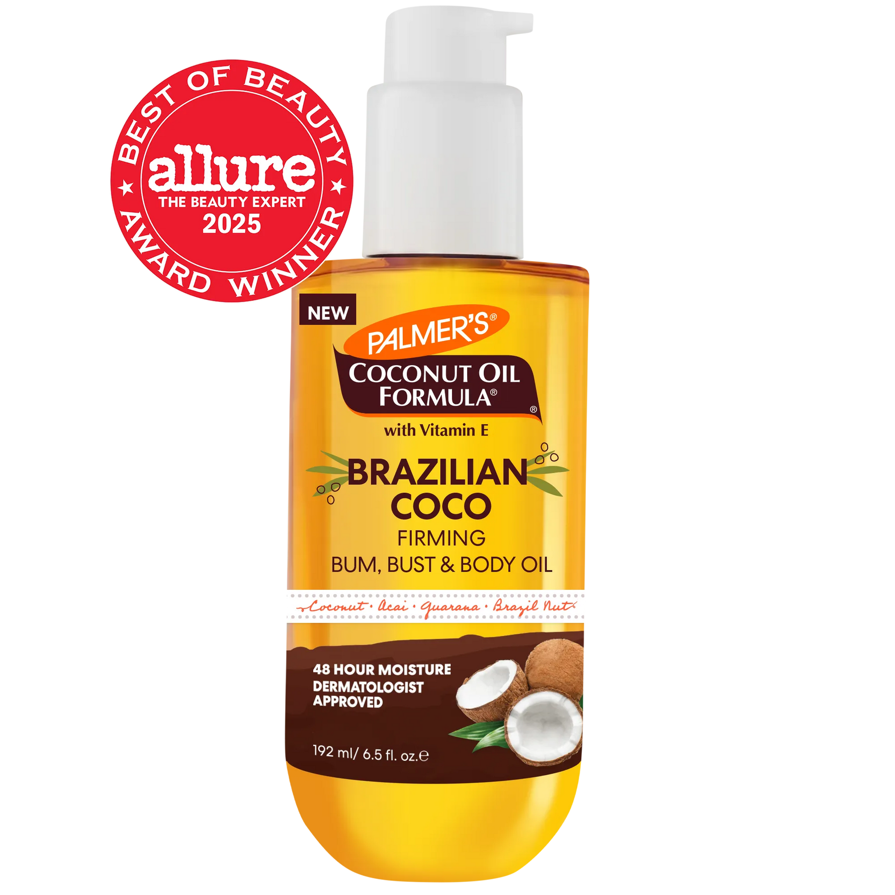 Palmer's Coconut Oil Formula Brazilian Coco oil bottle with 'Allure Best of Beauty' award badge on a white background
