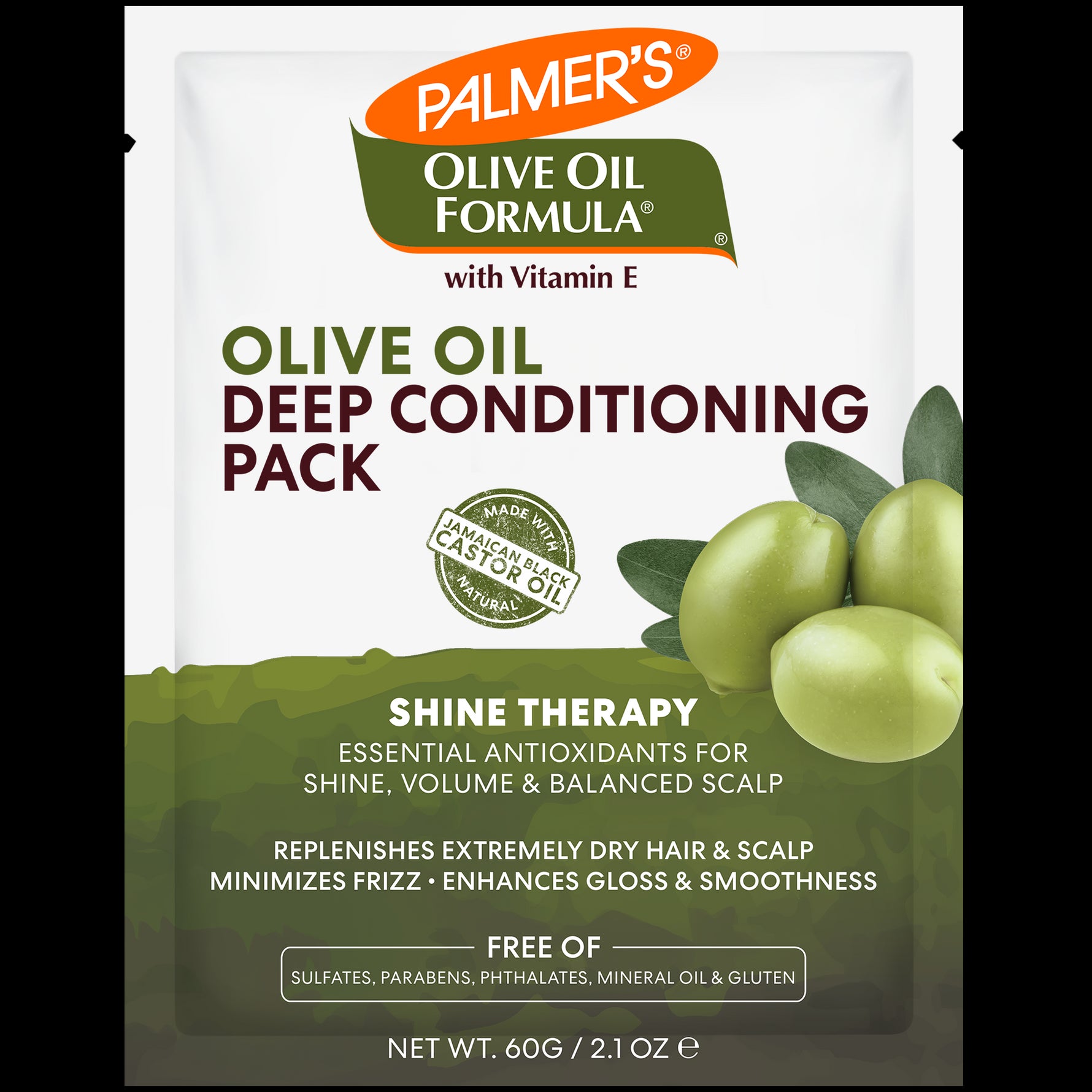Palmer’s Olive Oil Deep Conditioner sachet with olive illustration.
