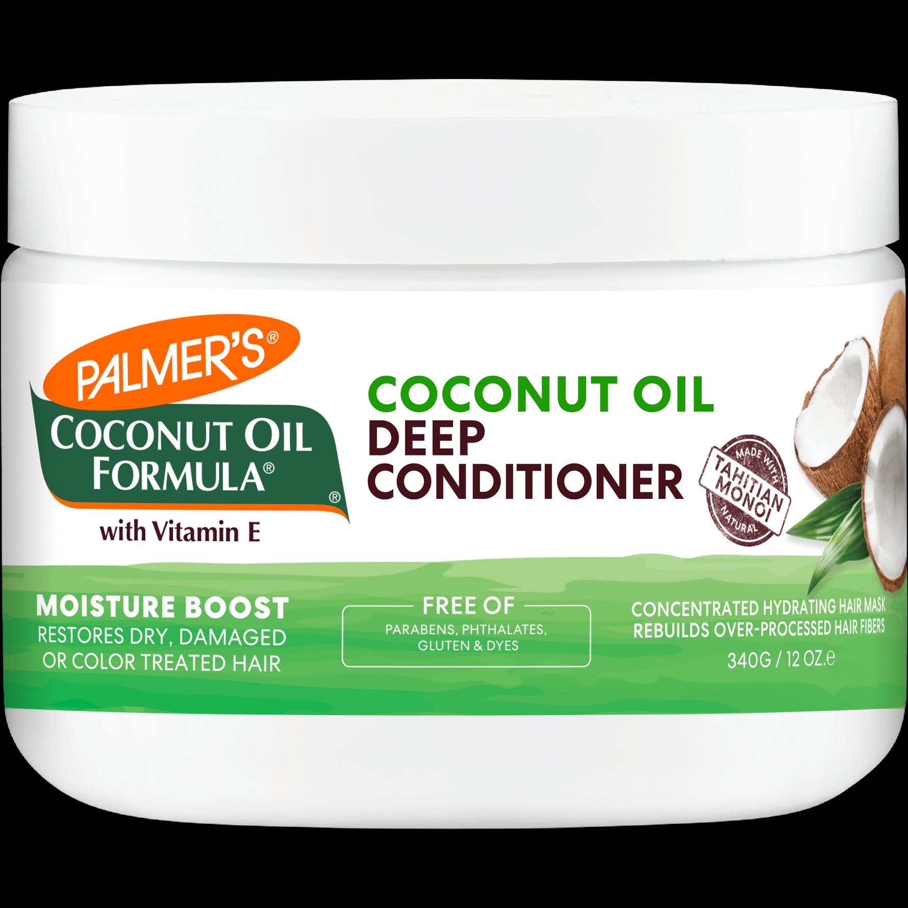 Palmer’s Moisture Boost Deep Conditioner jar with coconut imagery and features.