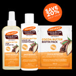 Cocoa Butter Hair Care Bundle with strengthening hair oil, conditioner, and biotin pack.