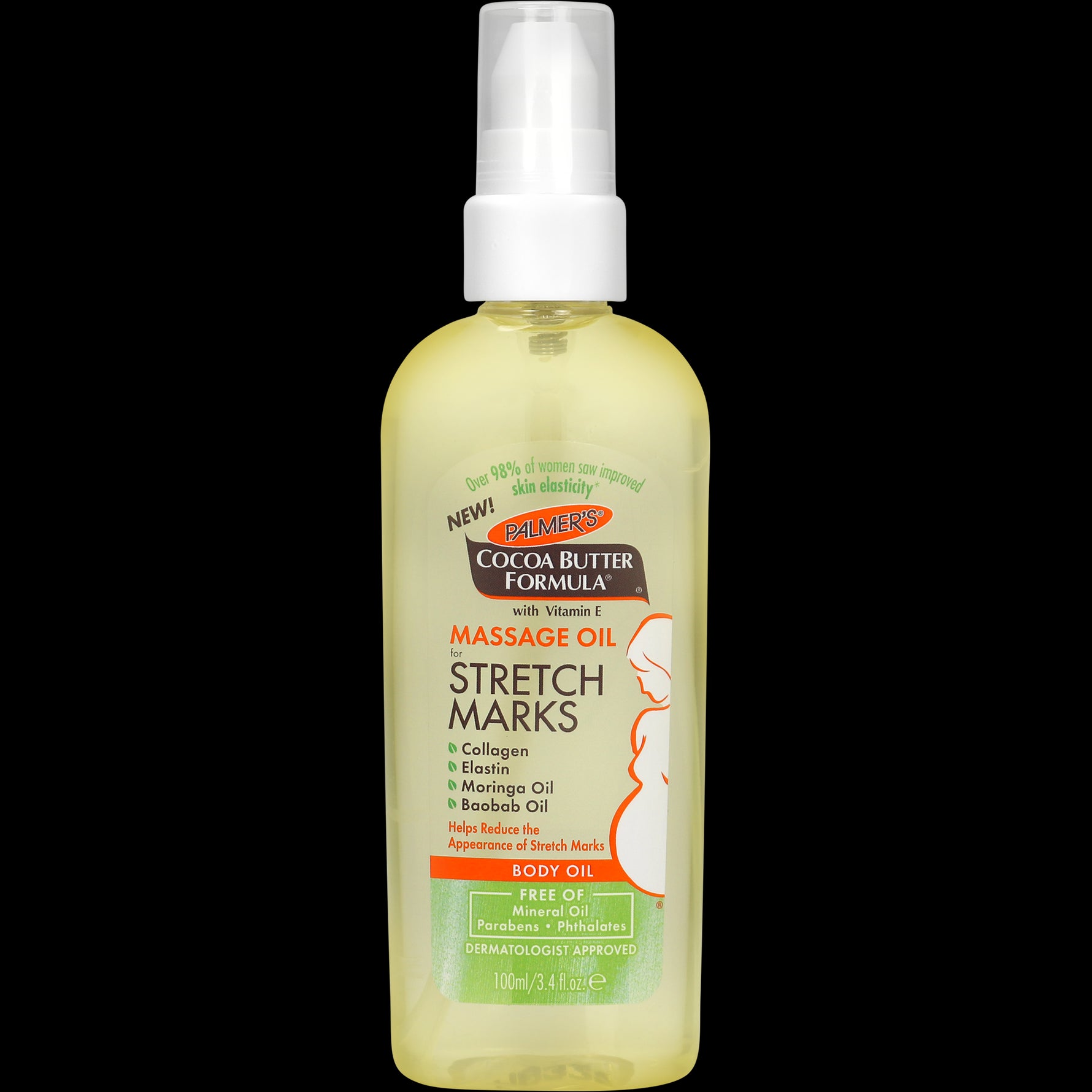 Palmer’s Massage Oil for Stretch Marks bottle with key ingredients highlighted.