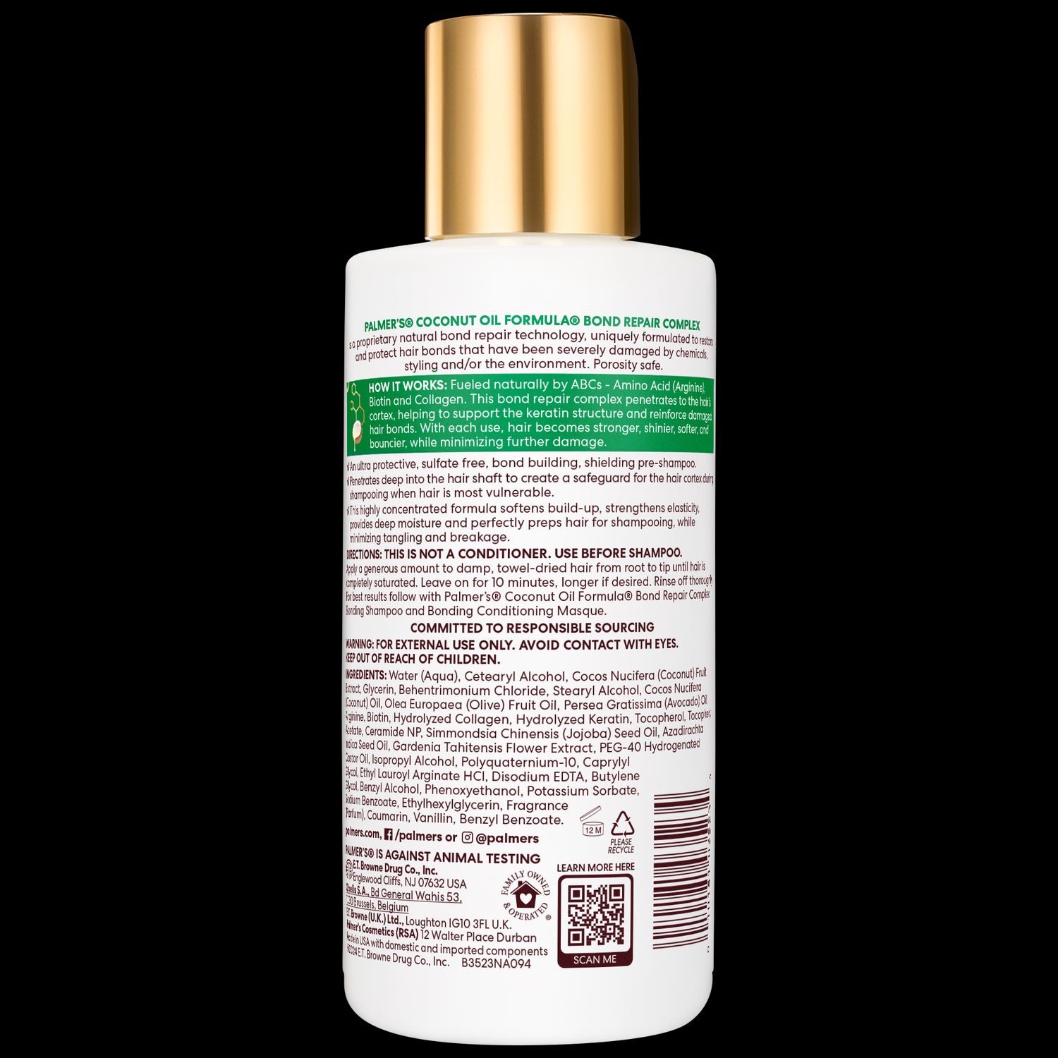 Bond Repair Complex Pre-Shampoo back label detailing usage, ingredients, and benefits.