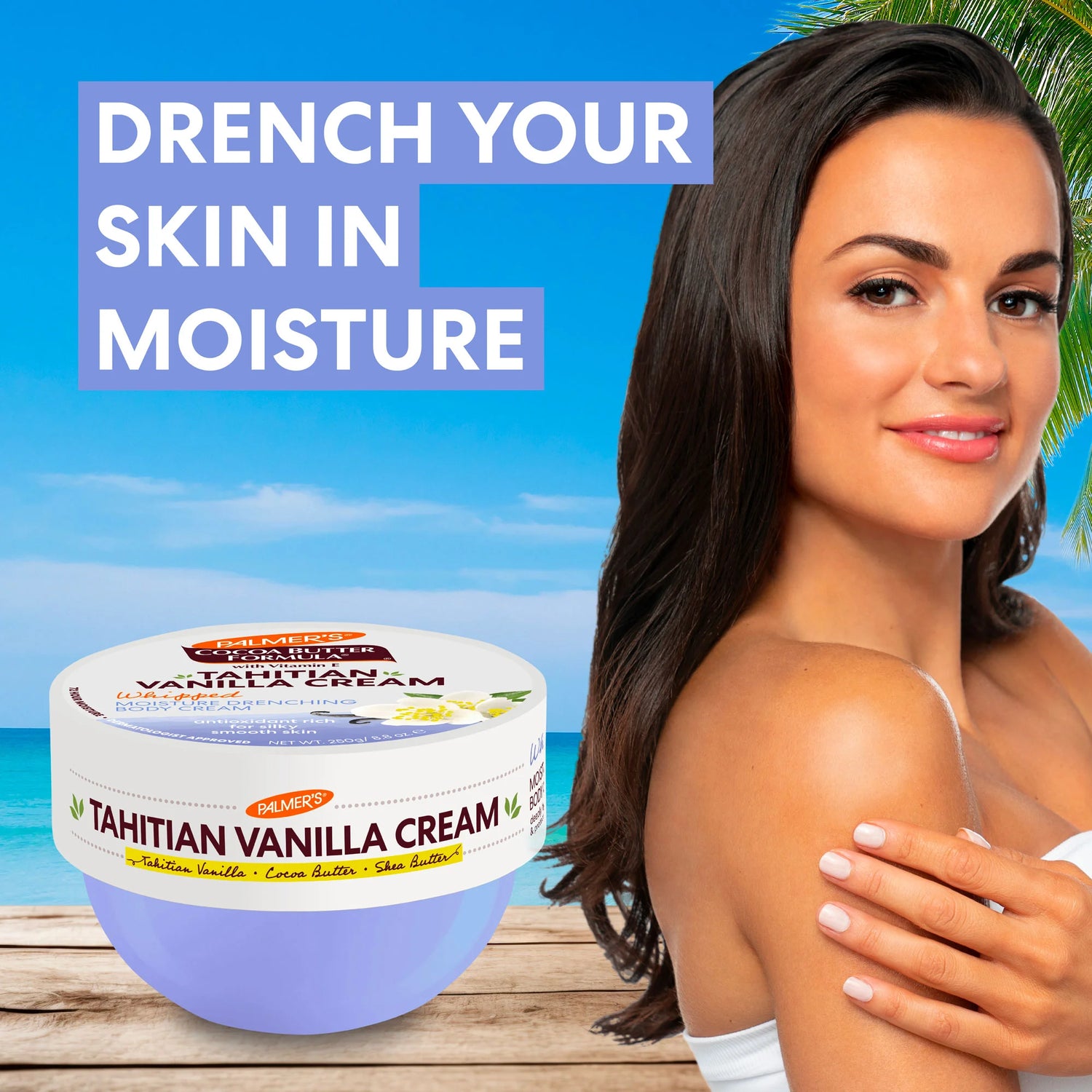 Tahitian Vanilla Moisture Drenching Whipped Body Cream on beach.