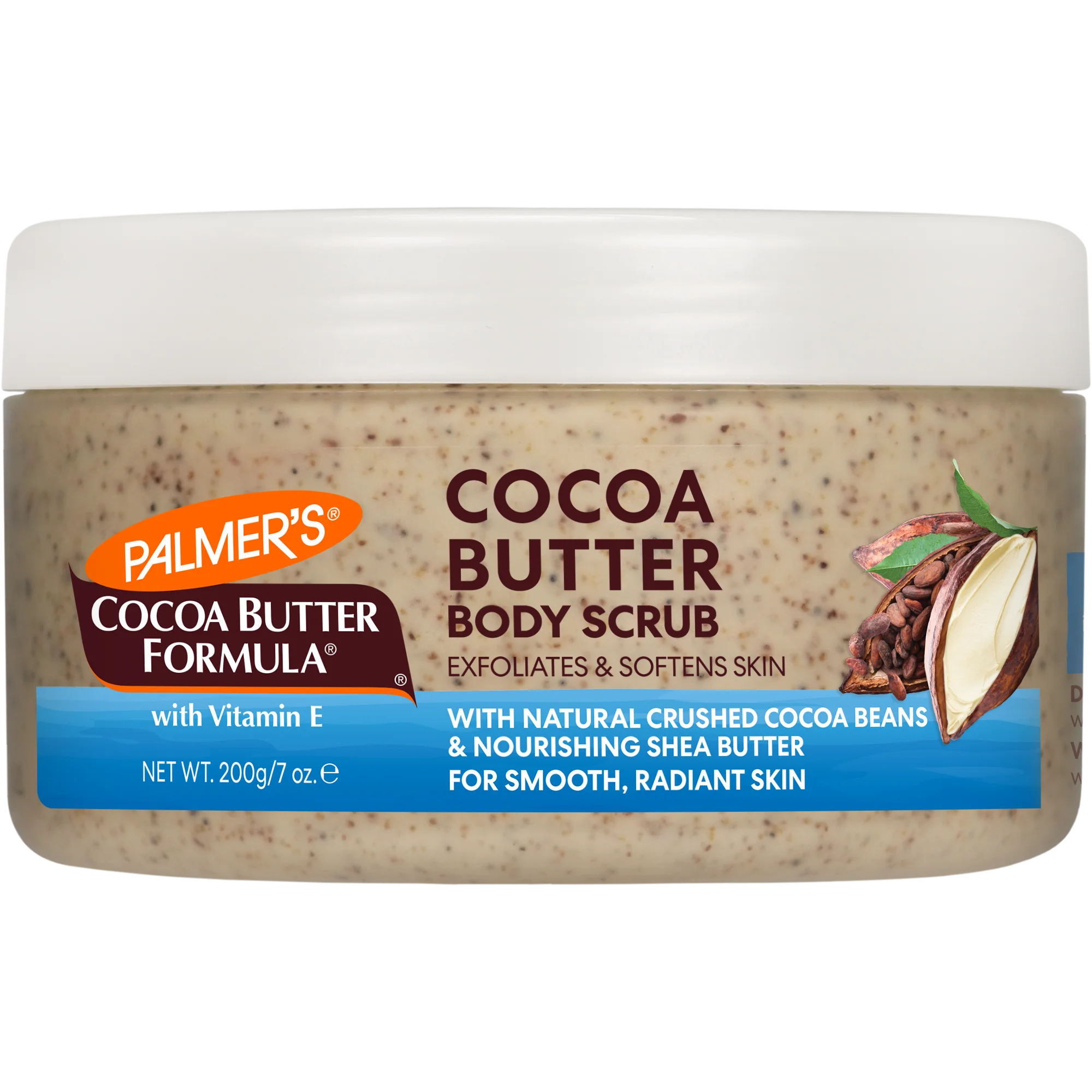 A wide, flat jar of Palmer's Cocoa Butter Formula with Vitamin E Body Scrub, with a brown lid.