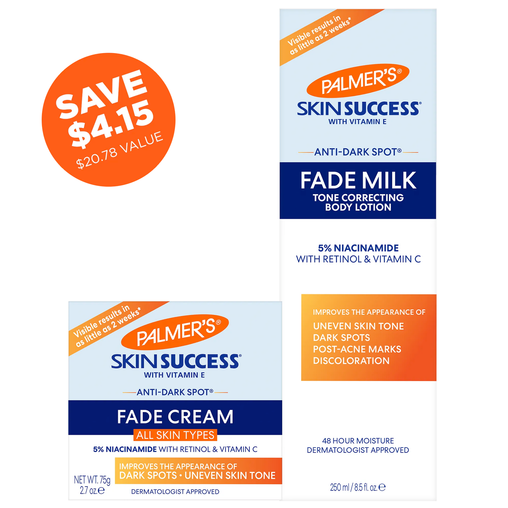 Palmer's Skin Success Fade Milk and Cream packaging with promotional savings text.