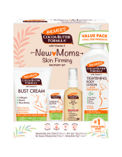 Benefits:

Nursing Butter, which combines pure Cocoa Butter and (Panthenol) Pro-Vitamin B5 in a soothing emollient base, helps relieve sore, cracked nipples associated with breastfeeding, and provides soothing relief for breastfeeding mothers. Dermatologist tested and free of parabens and phthalates, Nursing Butter is also safe enough to use pre-natally to condition nipples for breast feeding.
Tightening Body Lotion is a unique formula that is specifically designed to help visibly restore your body, especially after pregnancy or weight loss. The unique combination of Cocoa Butter, Collagen, Elastin and Shea Butter firms and tones while helping to visibly improve skin's texture. In addition, Ginseng and Vitamin E help soften and relieve stressed skin. 
Bust Cream is a specially formulated cream that smoothes on like a gel, to help firm and tone skin around the bust area.
Skin Therapy Oil for body helps to improve the appearance of scars, stretch marks, dry, damaged skin, uneven skin tone, aging skin, and fine lines and wrinkles.
This preservative-free, lightweight, non-greasy formula will help leave your skin looking and feeling instantly soft and smooth.
Paraben Free, Phthalate Free, Dermatologist Approved

 
The Palmer's Cocoa Butter Formula New Moms Skin Recovery Set helps to firm and tone stretched skin associated with weight fluctuation to help your skin return to it's pre-natal condition. From the #1 brand for stretch marks care, this 4-piece gift set includes After Pregnancy Tightening Body Lotion plus Q10, Nursing Butter, Bust Cream and a Rosehip Fragranced Skin Therapy Oil.