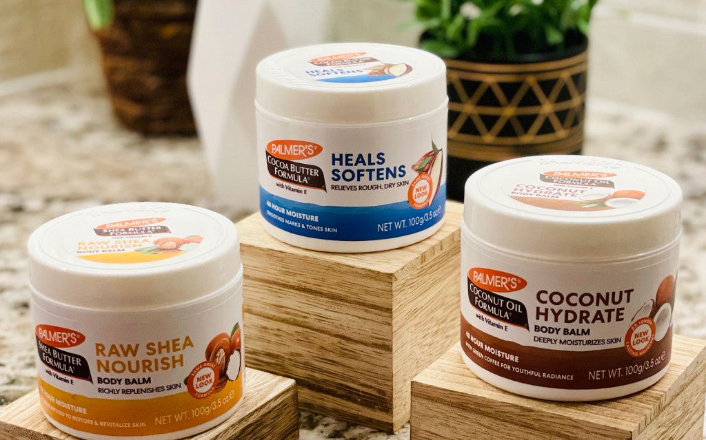 Palmer's Cocoa Butter, Coconut Oil and Shea Butter Balms for protecting skin from wind on wooden risers