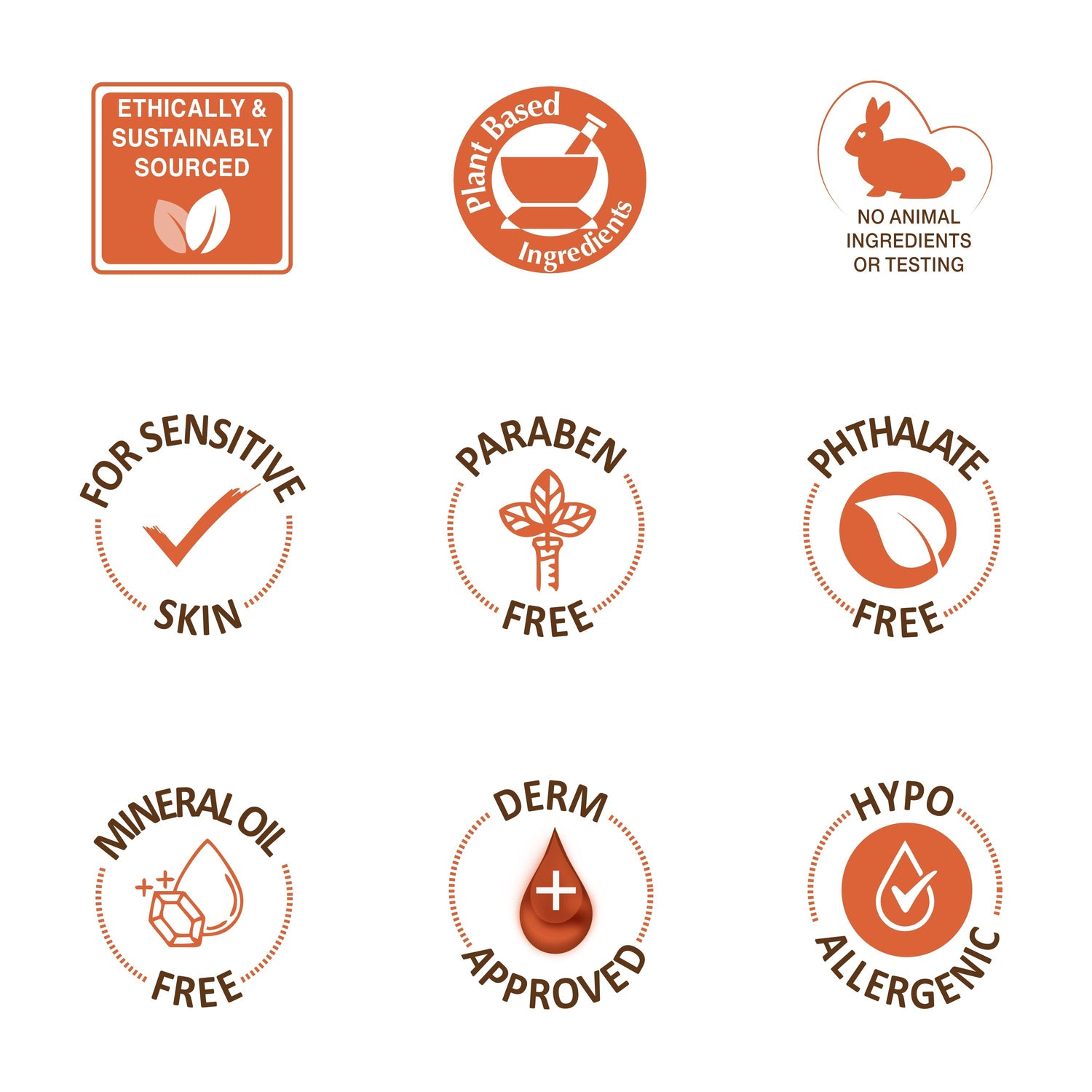 Hemp Oil Calming Relief Body Oil ethical icons grid.