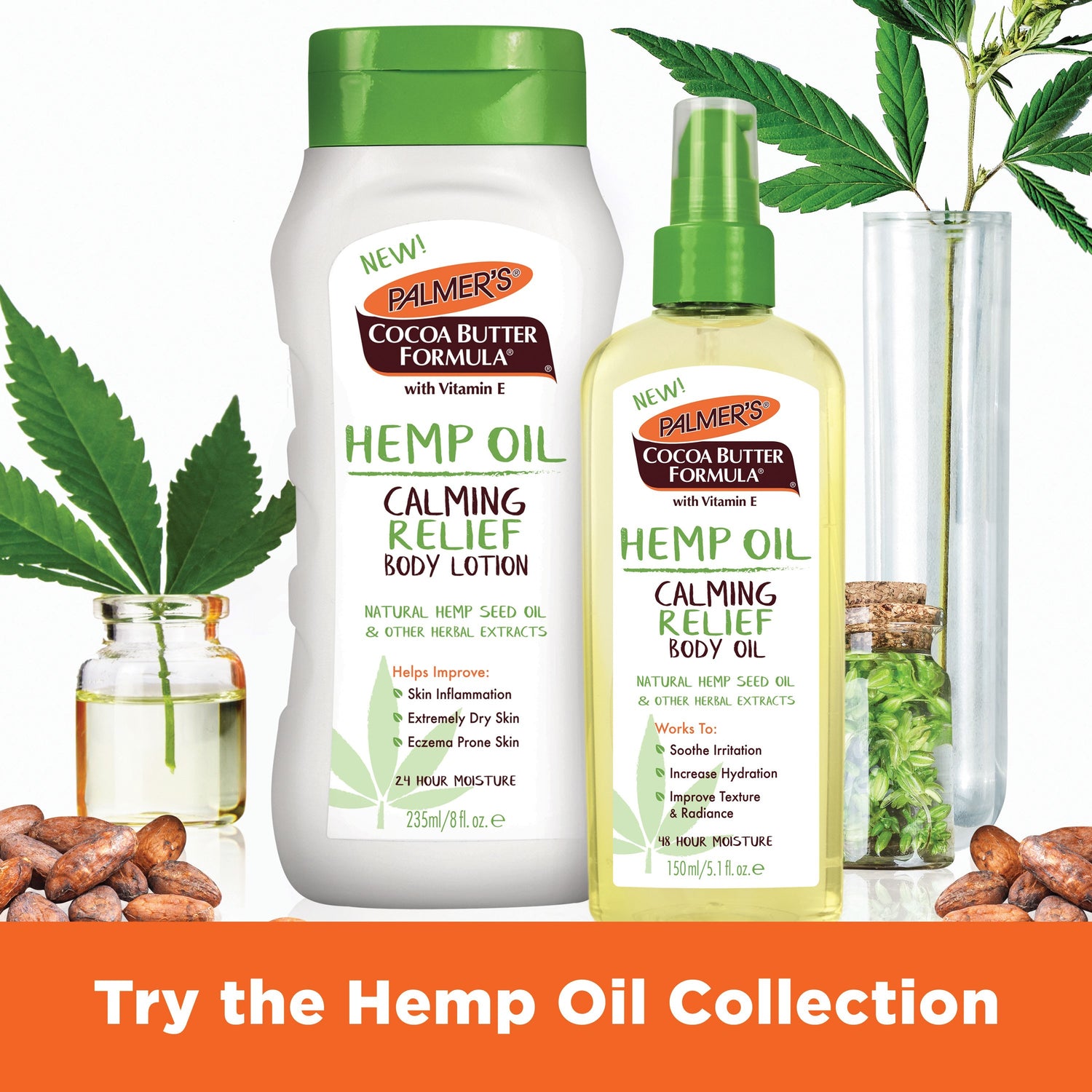 Palmer’s Hemp Oil Calming Relief Lotion and Body Oil display.