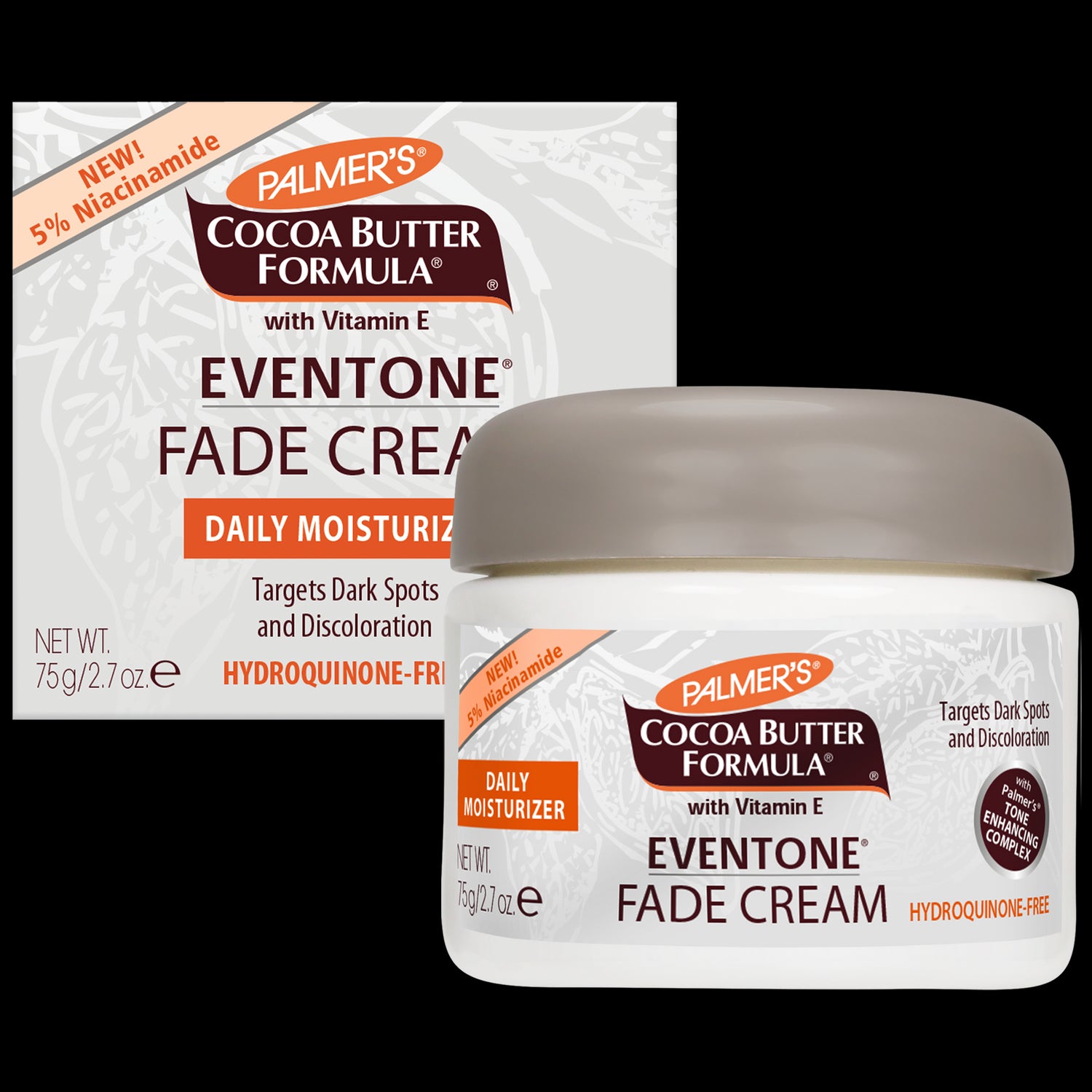 Eventone Fade Cream jar and box with key ingredient highlights.