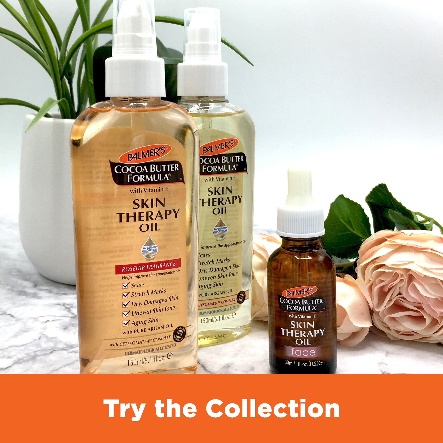 Cocoa Butter Skin Therapy Oil Rosehip with Vitamin E bottles display.