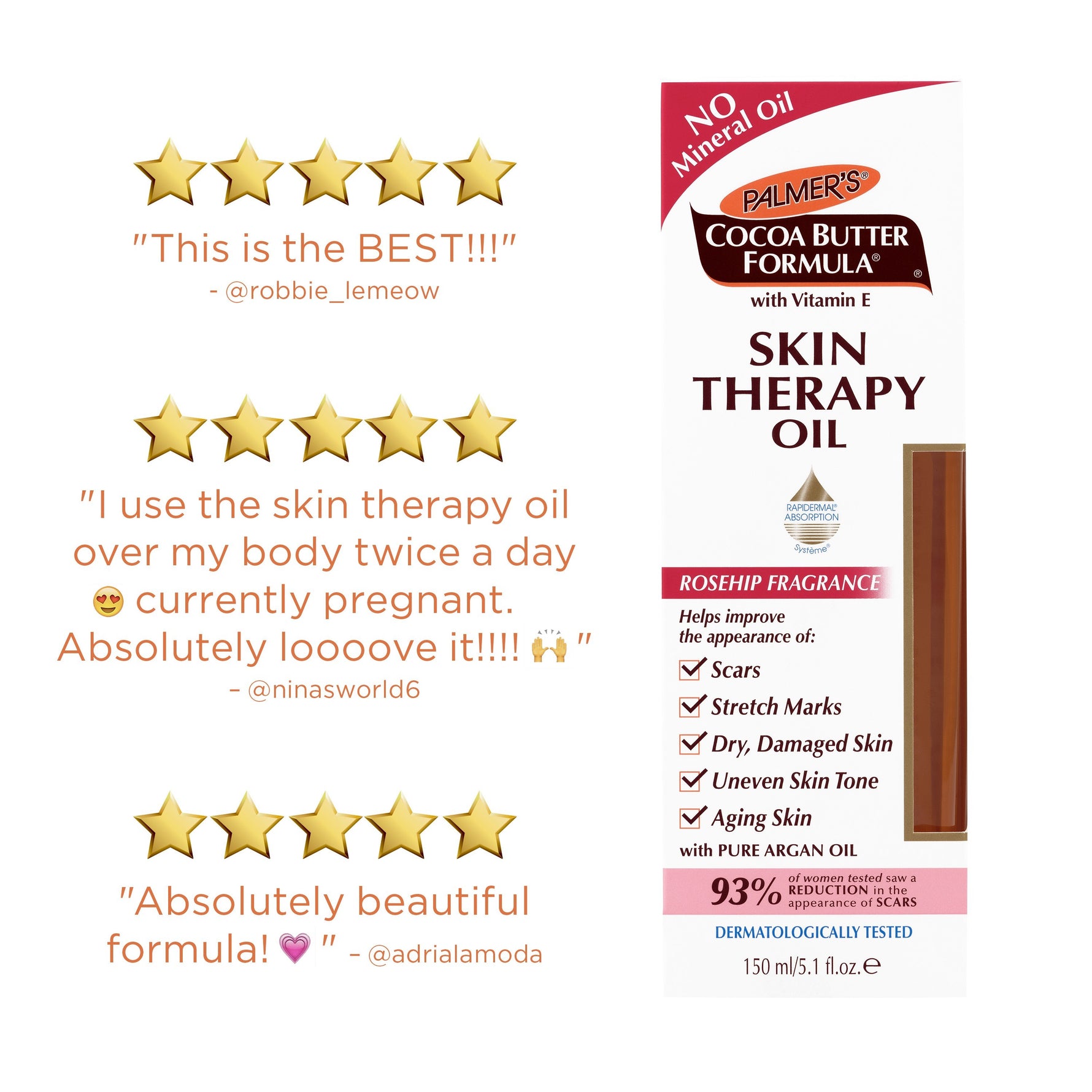 Cocoa Butter Skin Therapy Oil Rosehip with Vitamin E promotional layout.