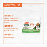 Palmer’s Coconut Oil Gro Treatment usage steps graphic with product tub.
