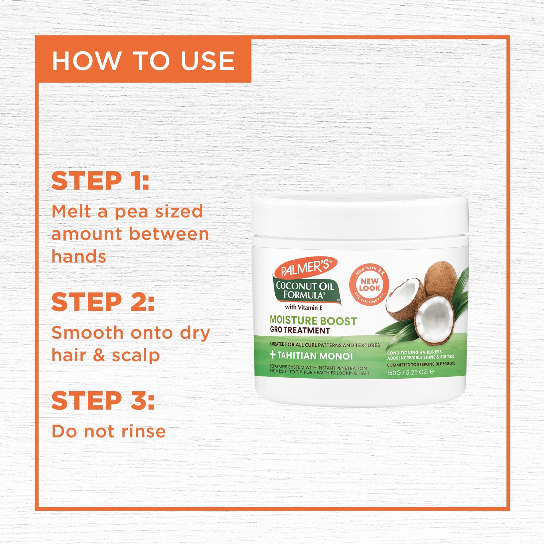 Palmer’s Coconut Oil Gro Treatment usage steps graphic with product tub.
