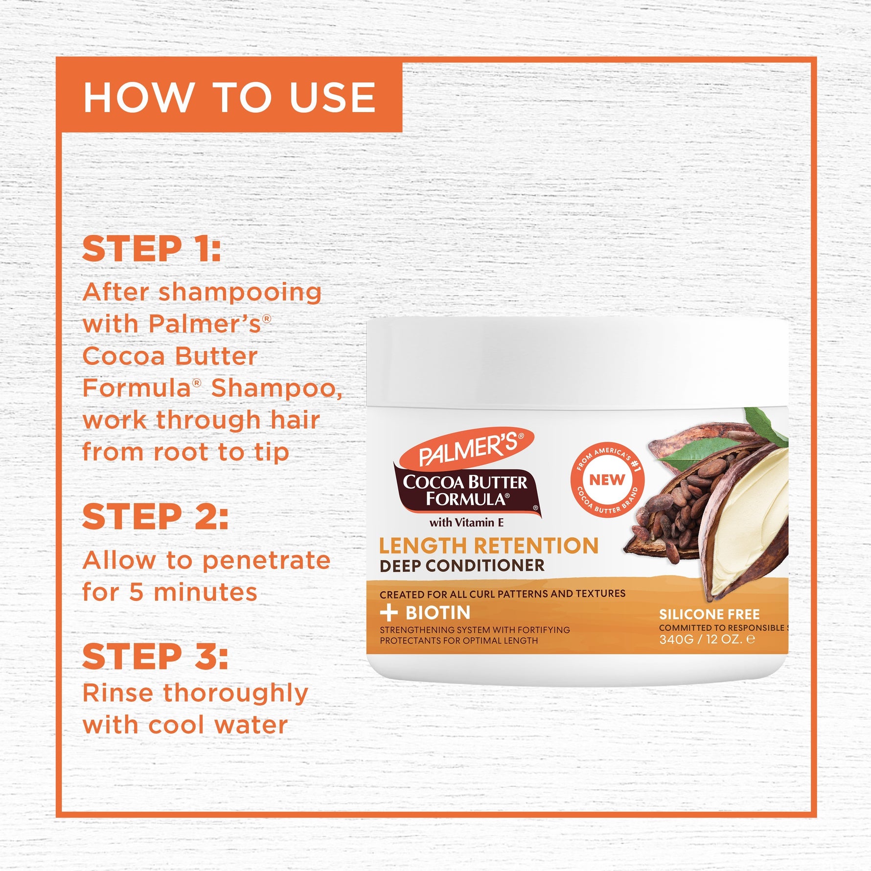 Cocoa Butter Deep Conditioner usage steps with silicone-free formula details.