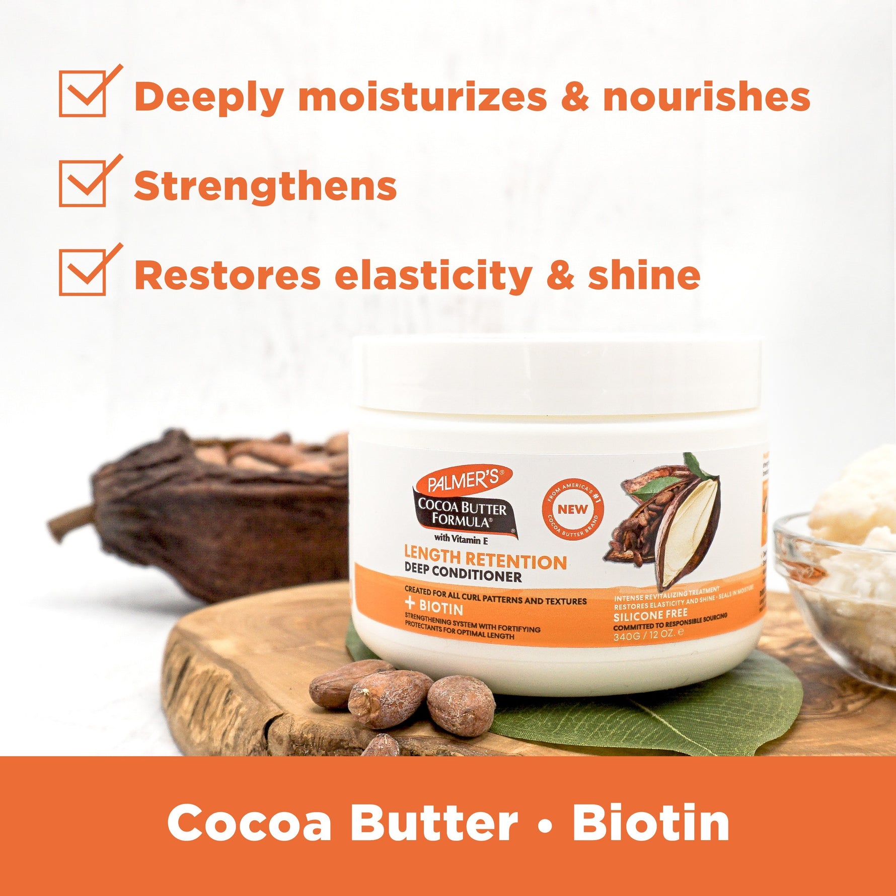Cocoa Butter Deep Conditioner jar with cocoa beans and shea butter.