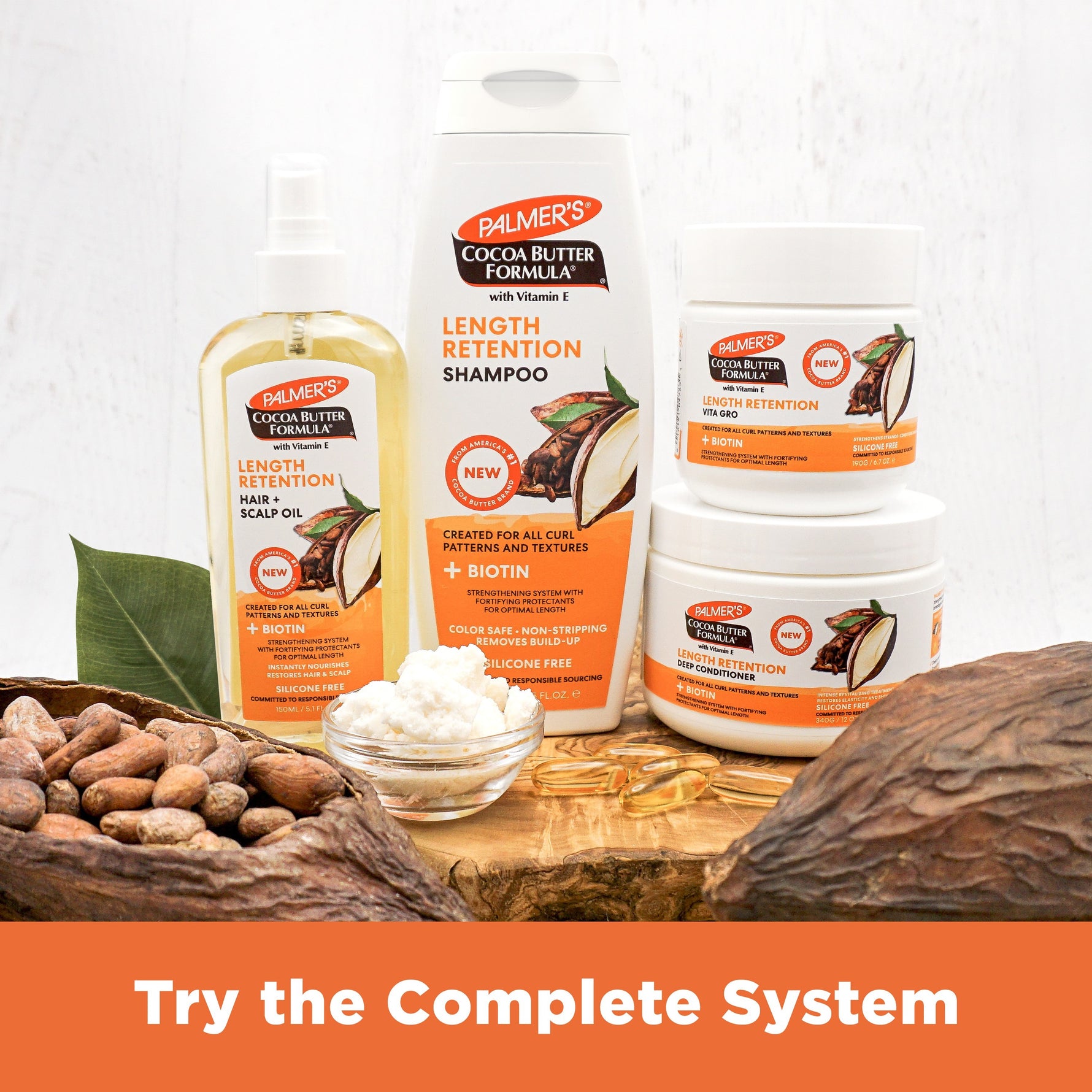 Cocoa Butter Deep Conditioner amidst Length Retention haircare products and cocoa elements.