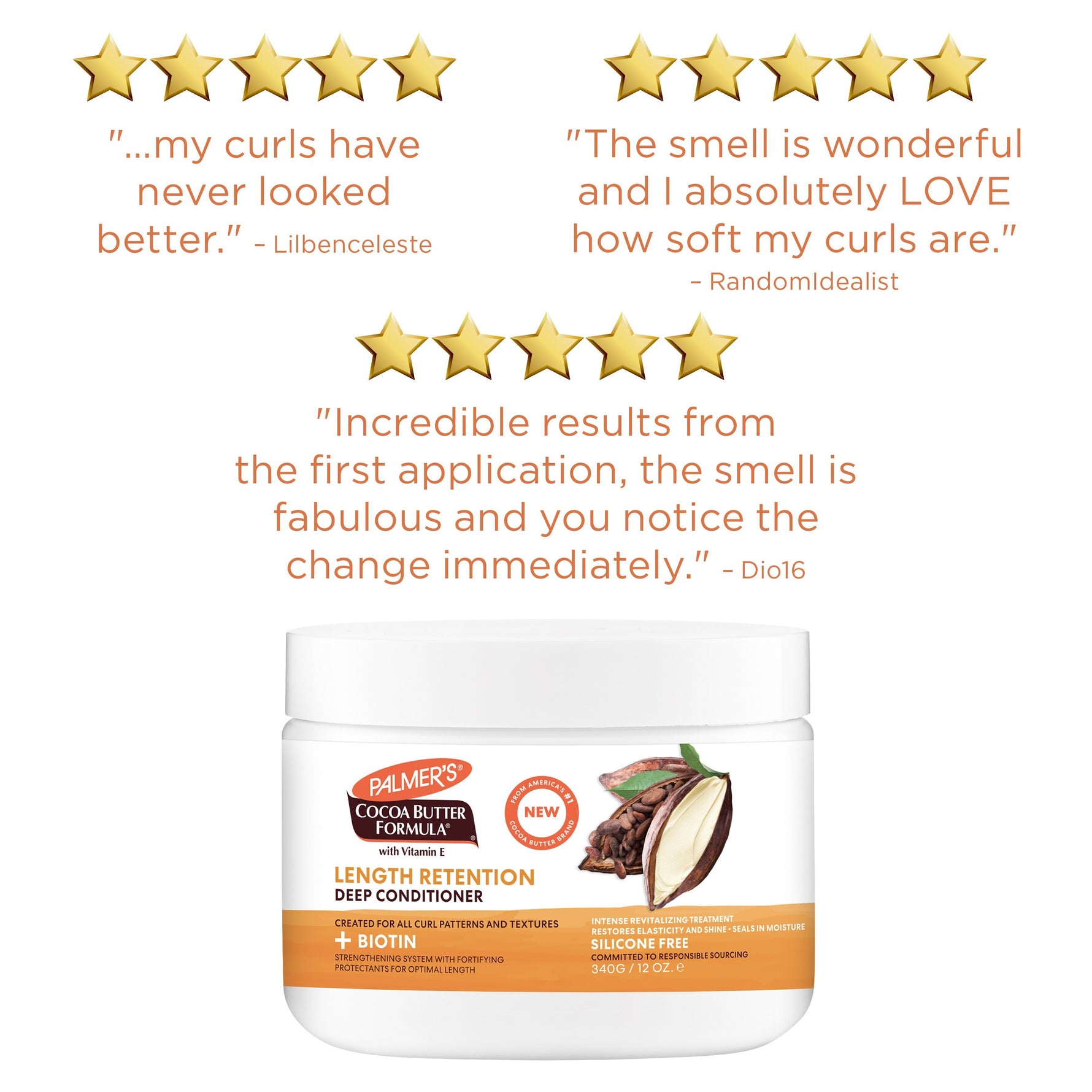 Cocoa Butter Deep Conditioner tub, customer praises, five-star ratings.