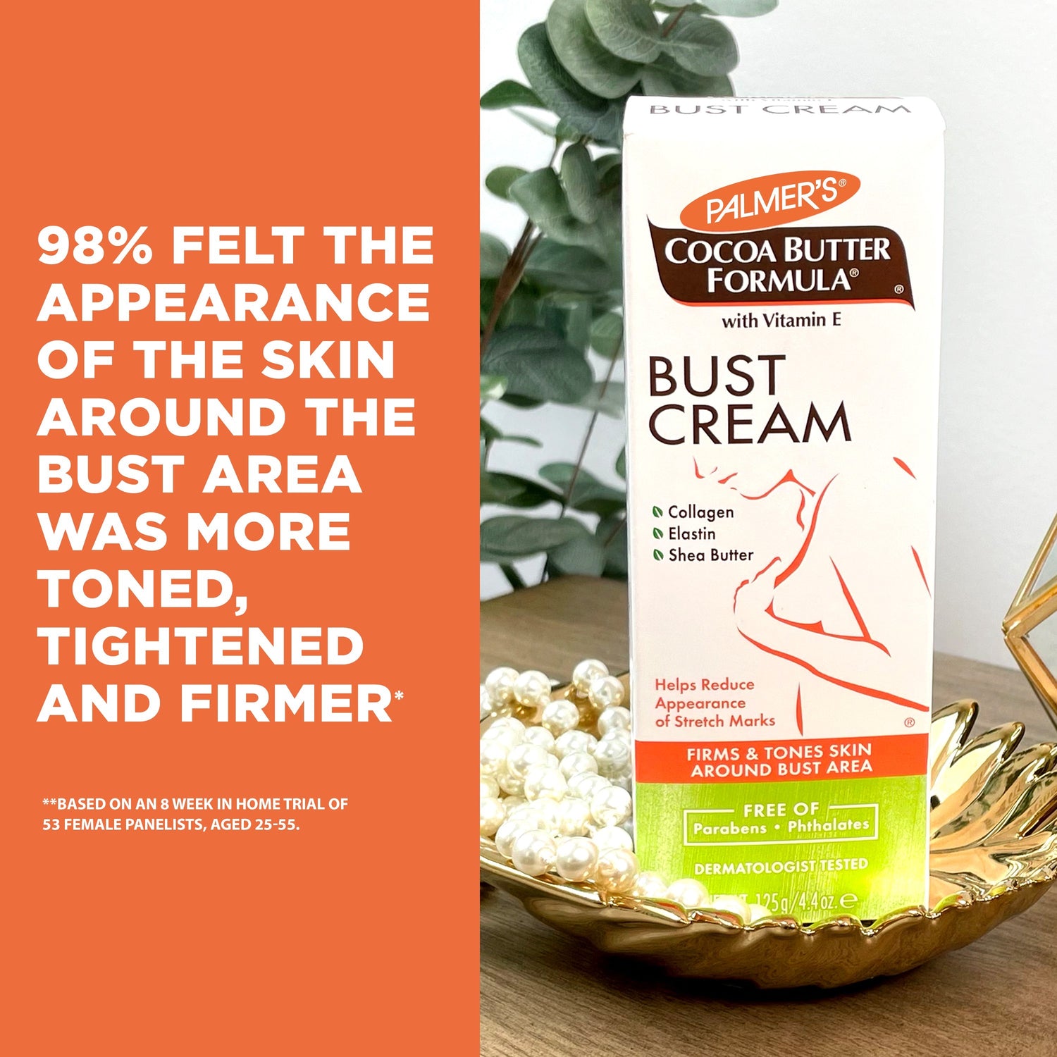 Cocoa Butter Bust Firming Cream in decorative setting with benefits listed.