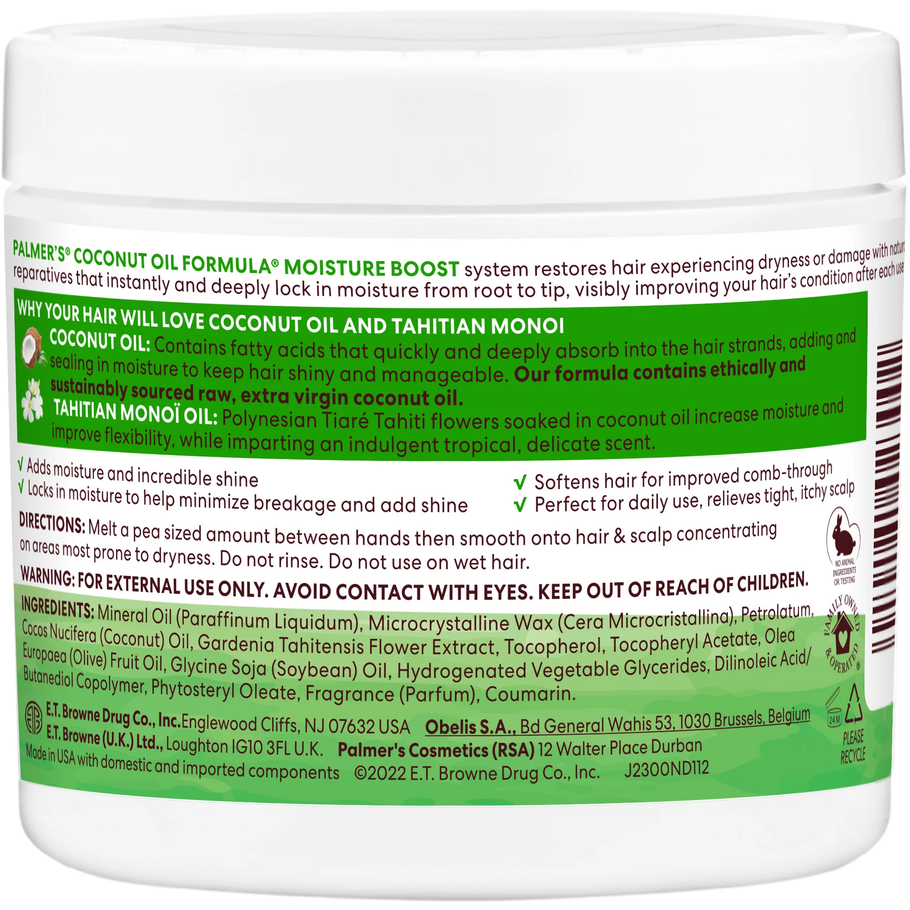 Back of a Palmer's Coconut Oil Formula jar with text and branding.