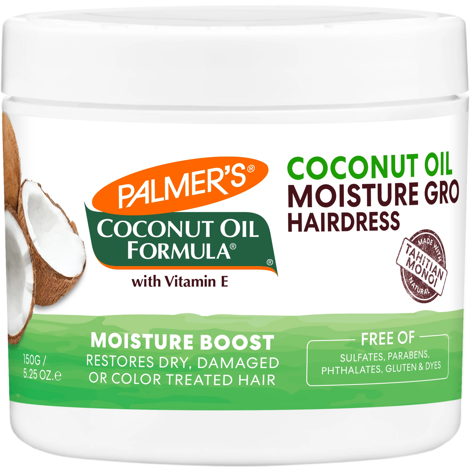 Jar of Palmer's Coconut Oil Formula hairdress with coconut illustration on a white background