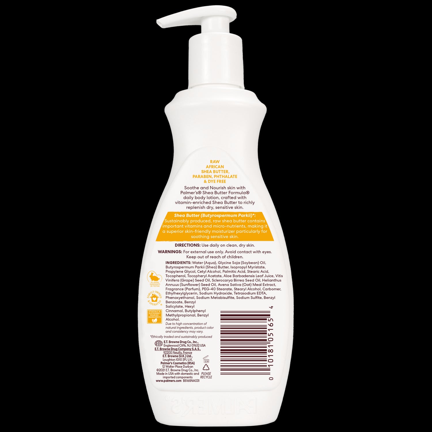 Back of Palmer's Raw Shea Nourish Body Lotion bottle with label details.