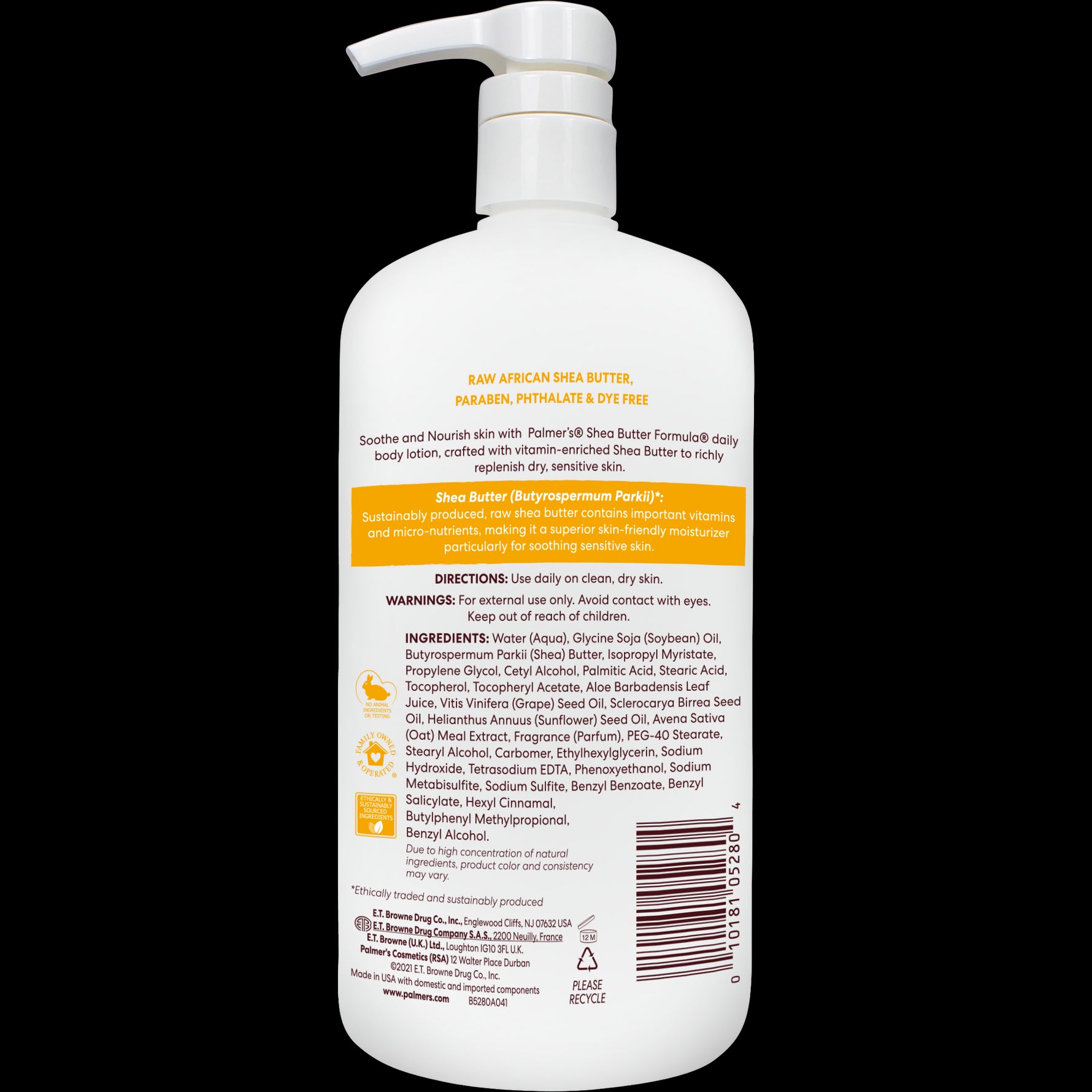 Back label of Raw Shea Nourish Body Lotion detailing ingredients and usage.