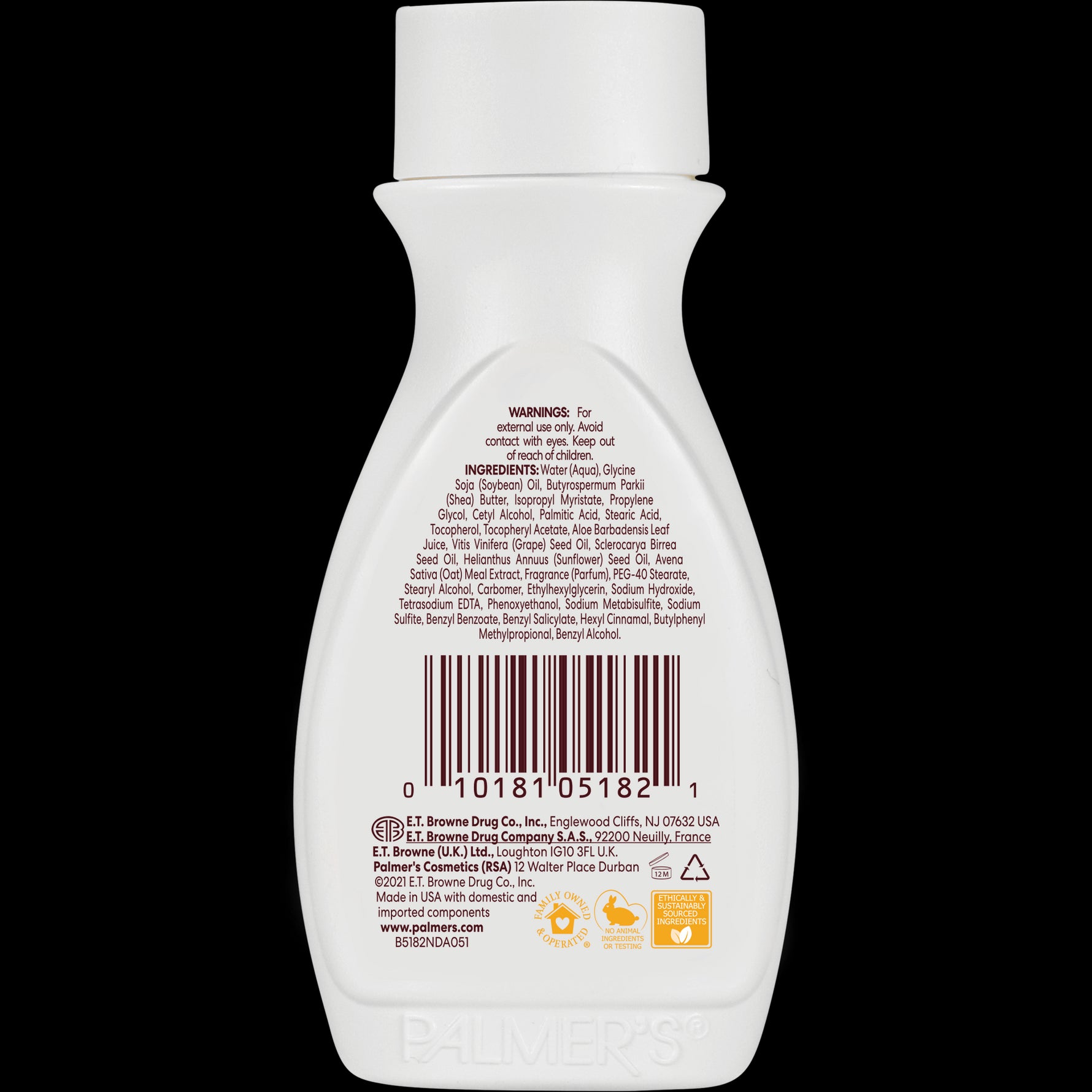 Back of Raw Shea Nourish Body Lotion bottle with ingredients and warnings.