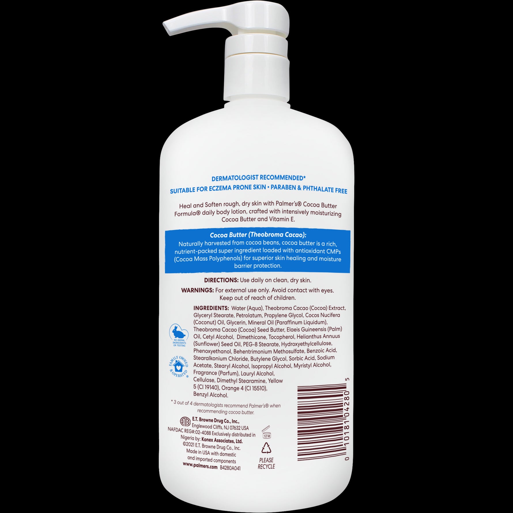 Back of Palmer’s Daily Skin Therapy Cocoa Butter Body Lotion bottle.