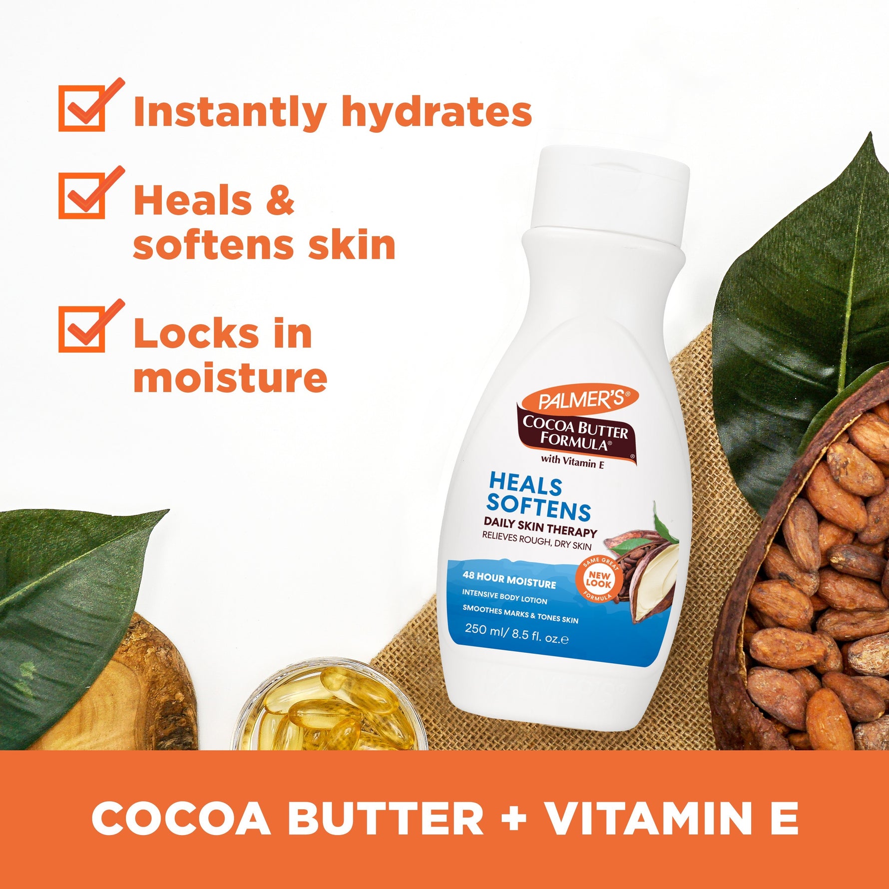 Daily Skin Therapy Cocoa Butter Body Lotion with Vitamin E, surrounded by cocoa beans and Vitamin E capsules.