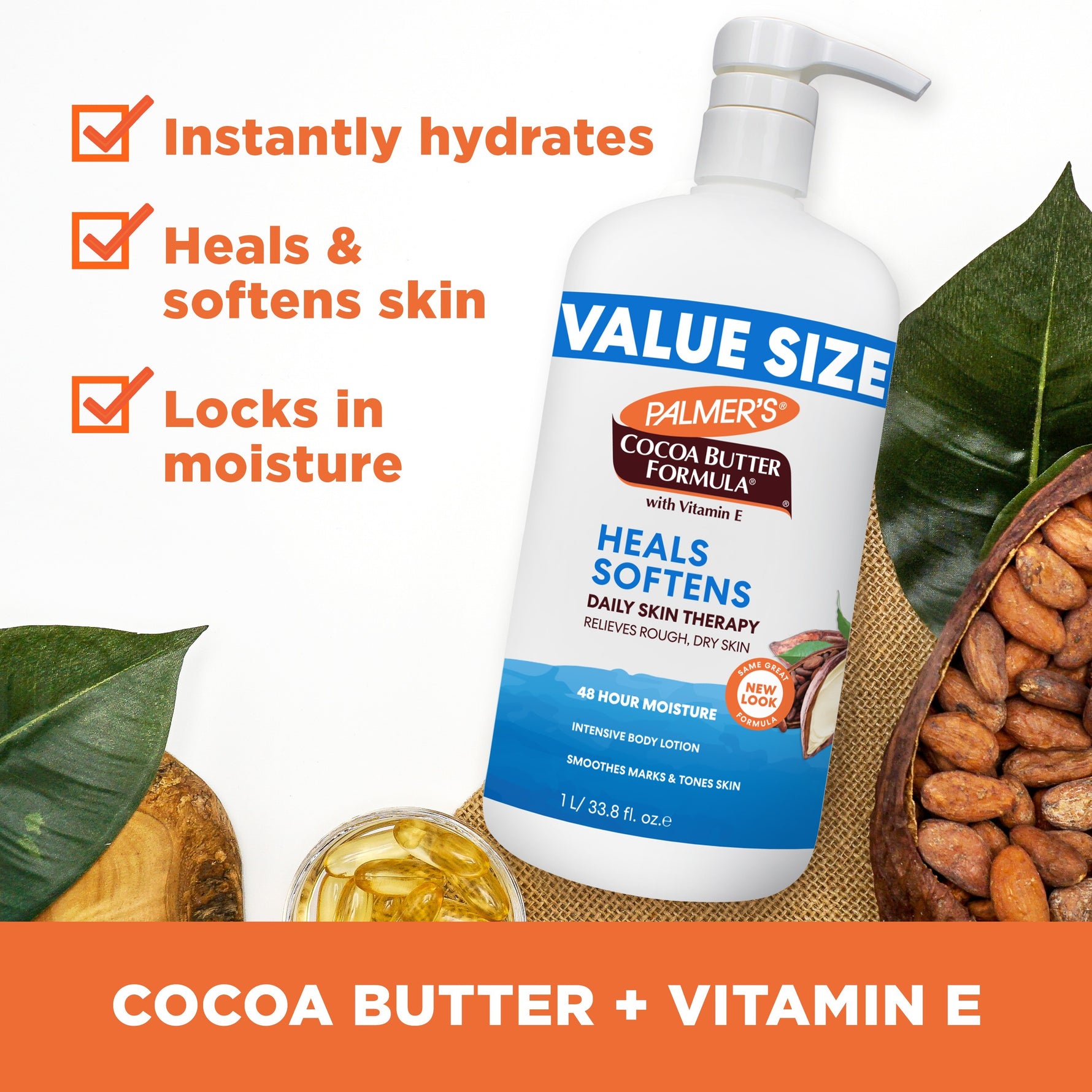 Daily Skin Therapy Cocoa Butter Body Lotion with hydrating, healing, moisture-lock claims.