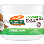 Jar of Palmer's Coconut Oil Formula Moisture Gro Hairdress with coconuts on a white background