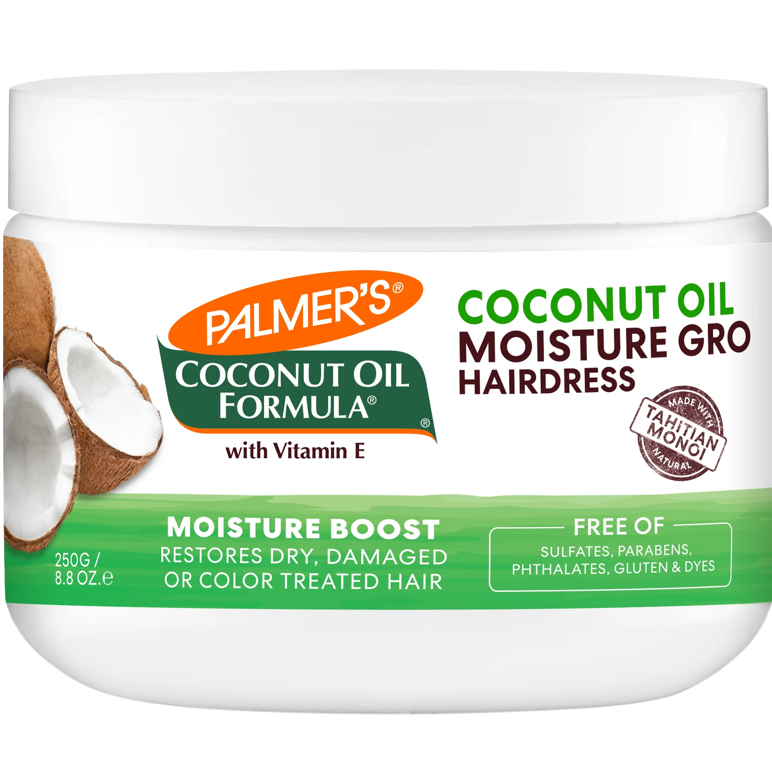 Jar of Palmer's Coconut Oil Formula Moisture Gro Hairdress with coconuts on a white background