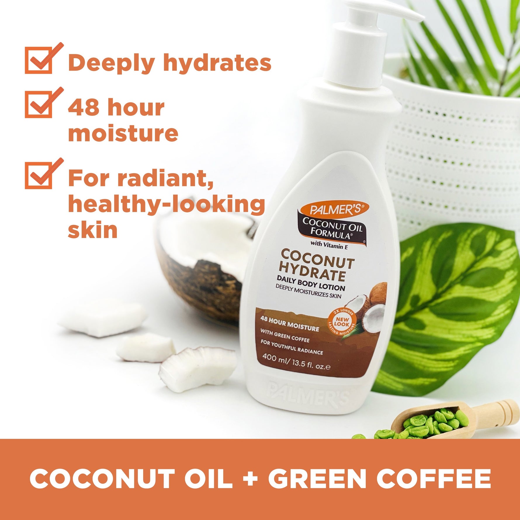 Coconut Hydrate Body Lotion with coconut, green coffee, tropical leaf.
