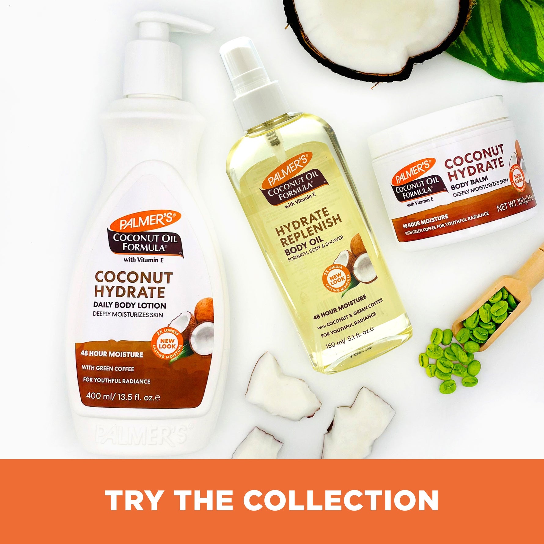 Palmer’s Coconut Hydrate Body Lotion with coconut pieces and green coffee beans.