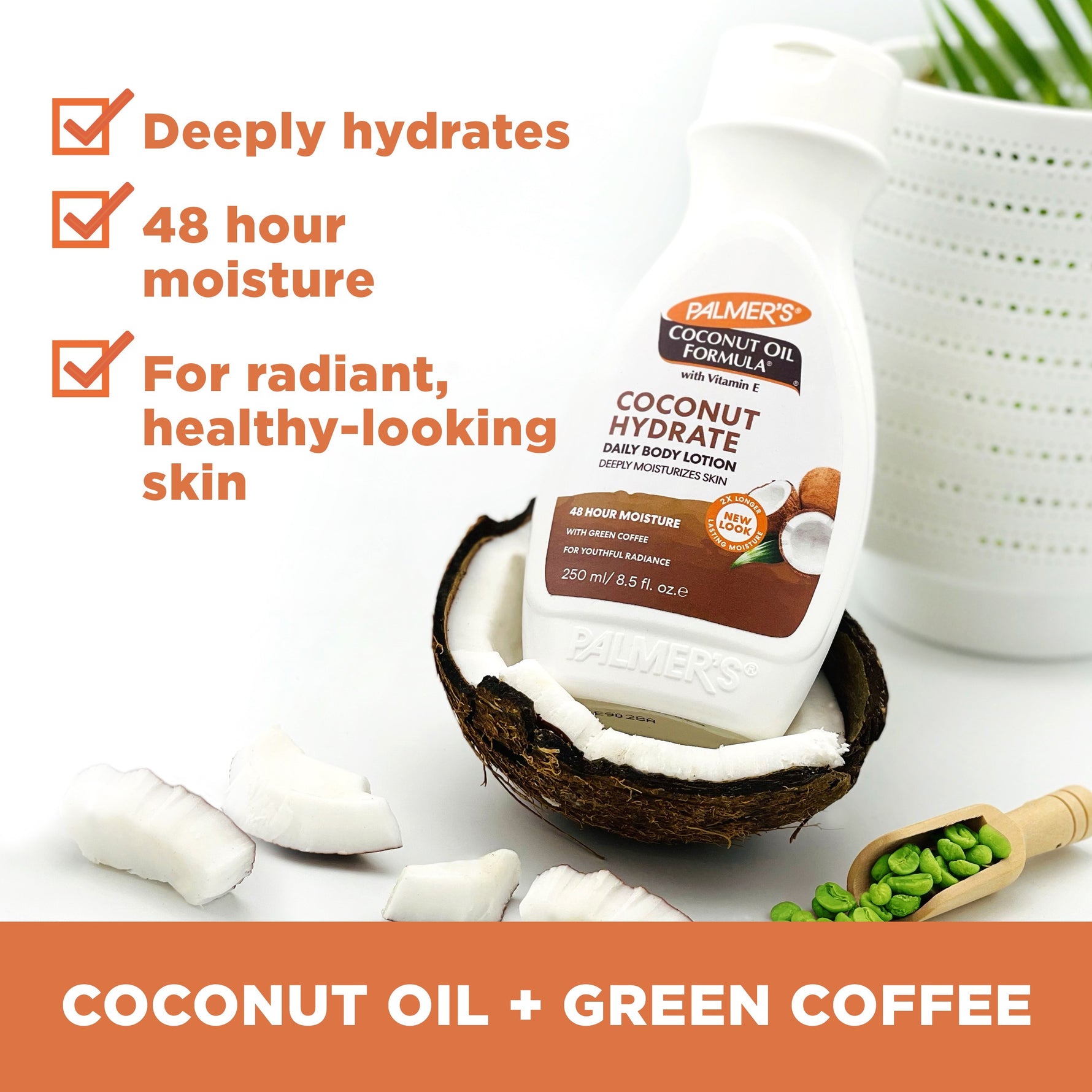 Palmer's Coconut Hydrate Body Lotion with coconut chunks and coffee beans.