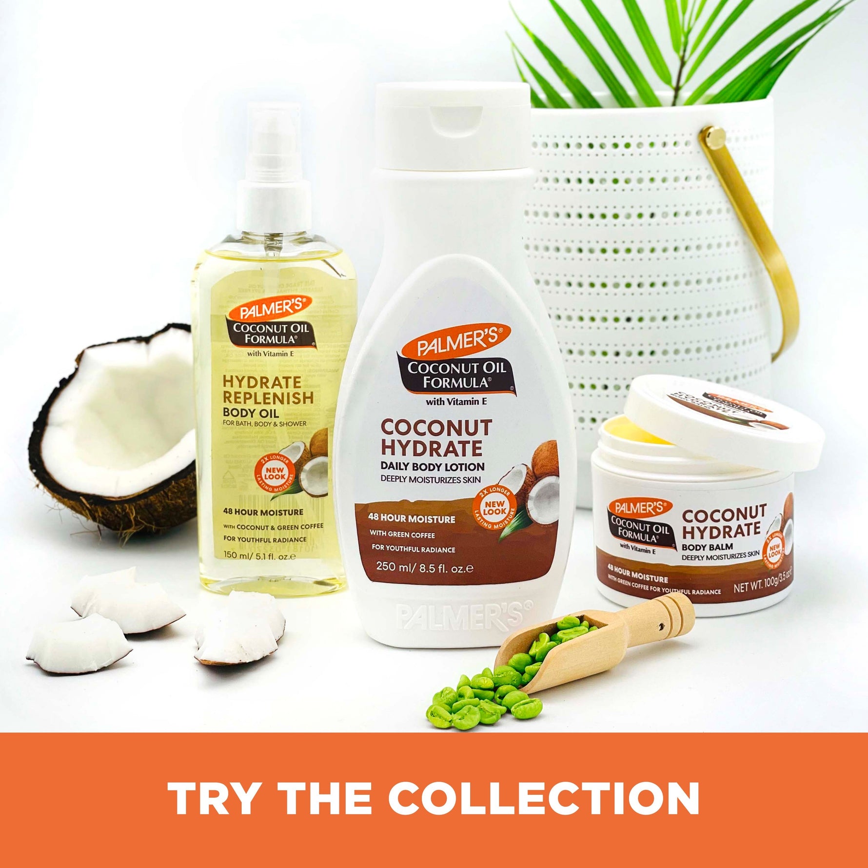 Palmer’s Coconut Hydrate Body Lotion with coconut shell and green coffee.
