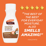 Coconut Hydrate Body Lotion bottle with five stars and customer praise.