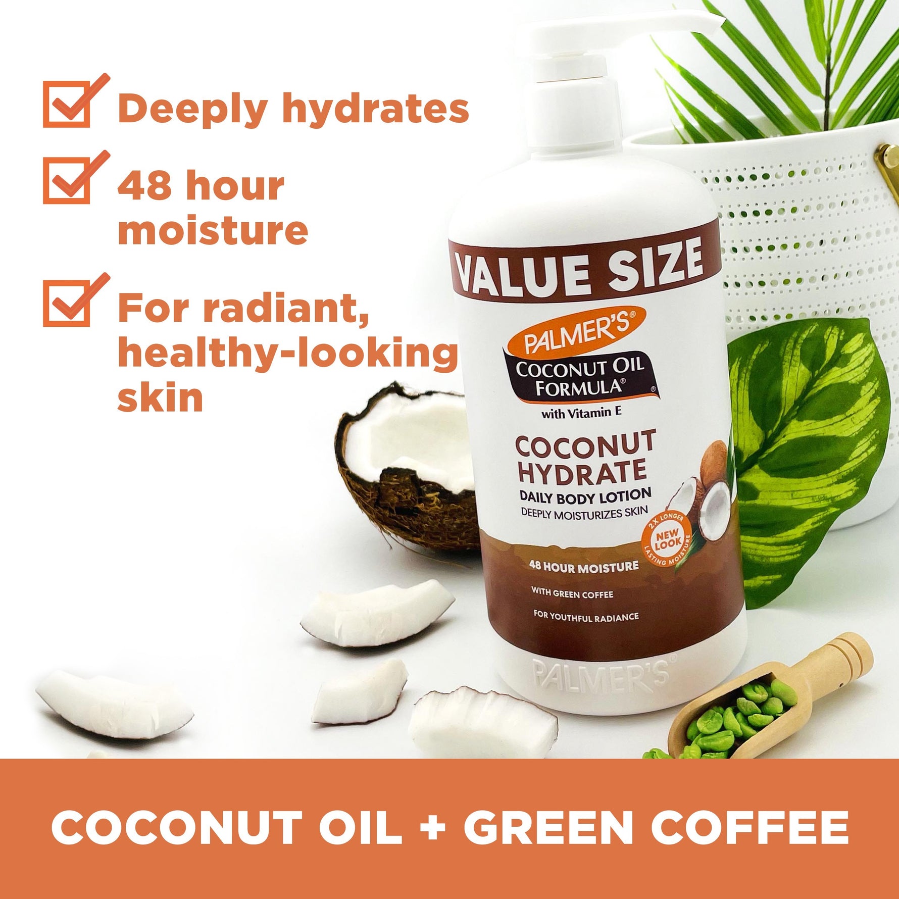 Coconut Hydrate Body Lotion bottle with coconut, green coffee, and tropical leaves.