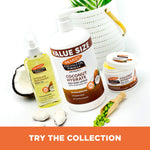Palmer’s Coconut Hydrate Body Lotion with Vitamin E amidst coconut and coffee beans.