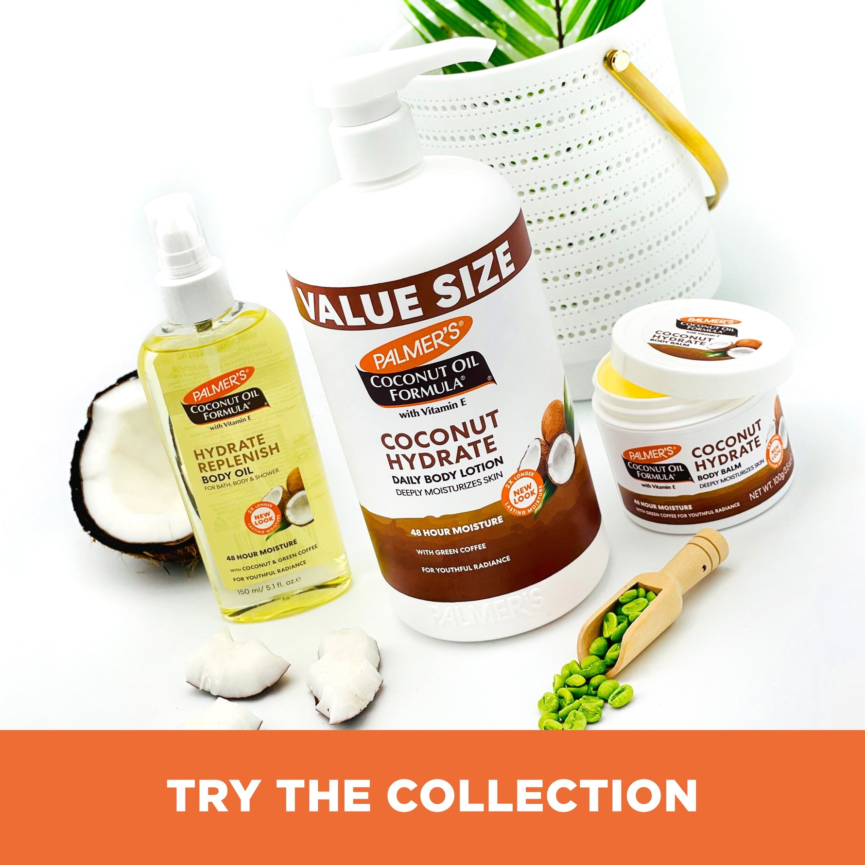 Palmer’s Coconut Hydrate Body Lotion with Vitamin E amidst coconut and coffee beans.