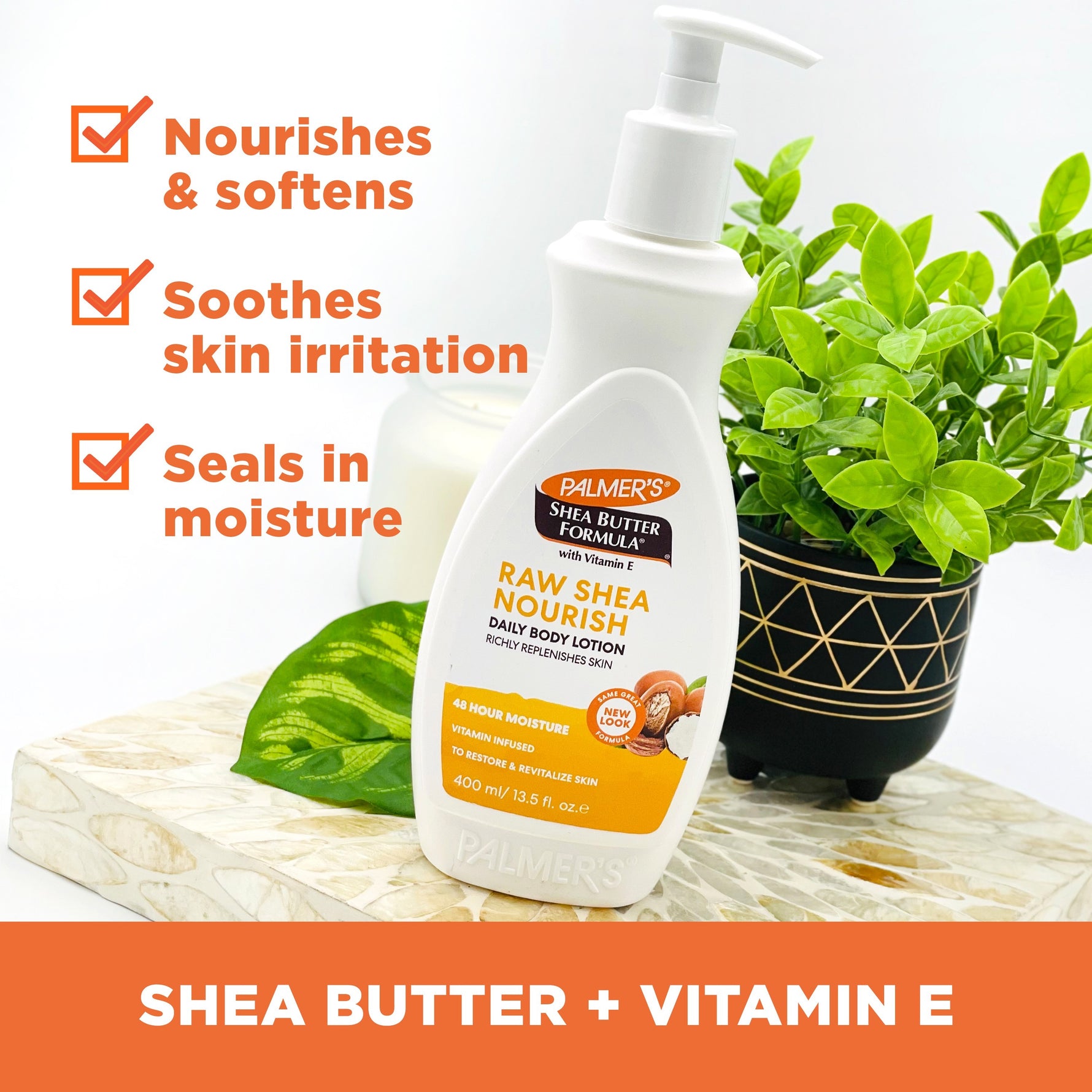 Raw Shea Nourish Body Lotion with Vitamin E, benefits highlighted.