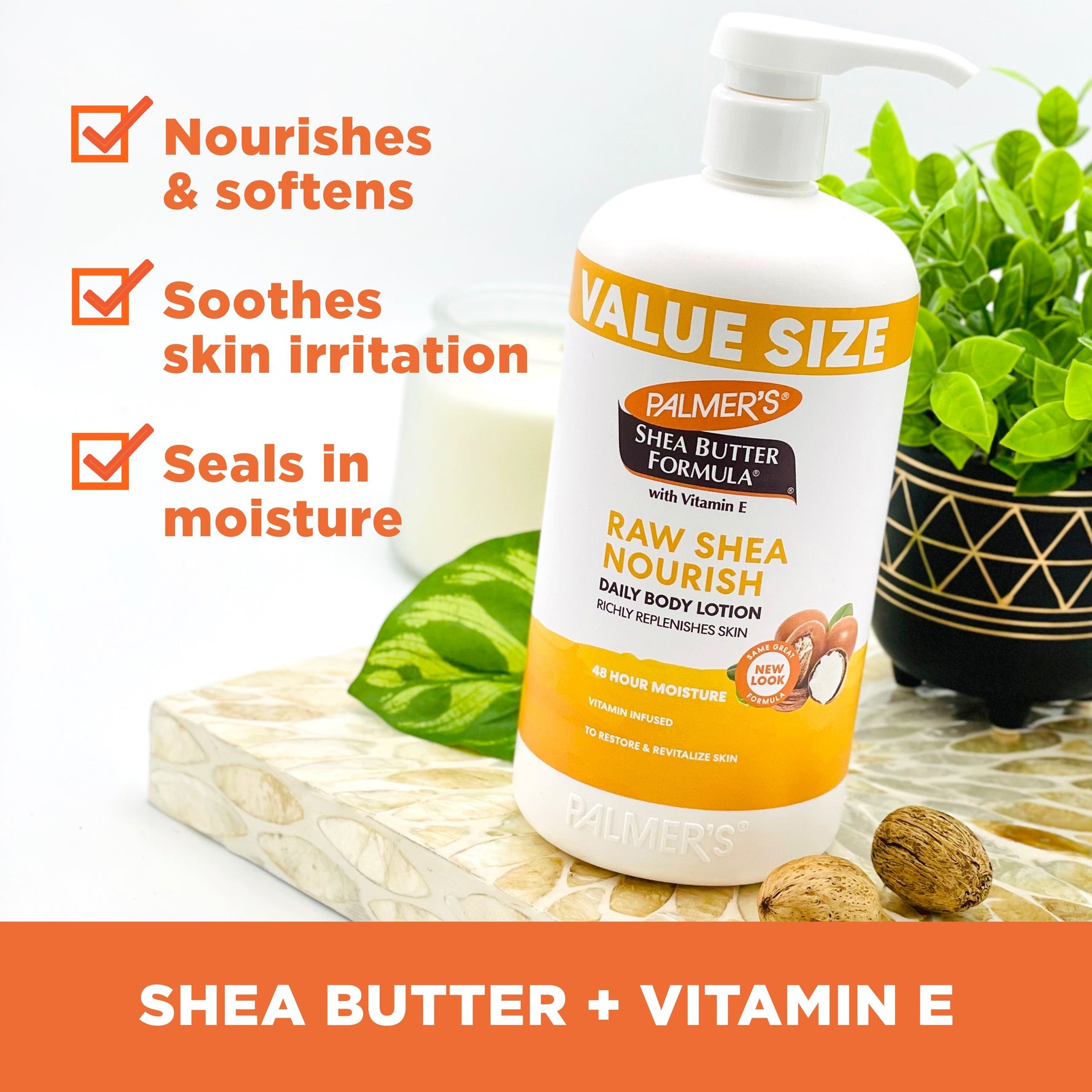 Raw Shea Nourish Body Lotion with shea nuts, plant, and benefits.