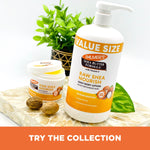 Raw Shea Nourish Body Lotion with Body Balm and shea nuts display.