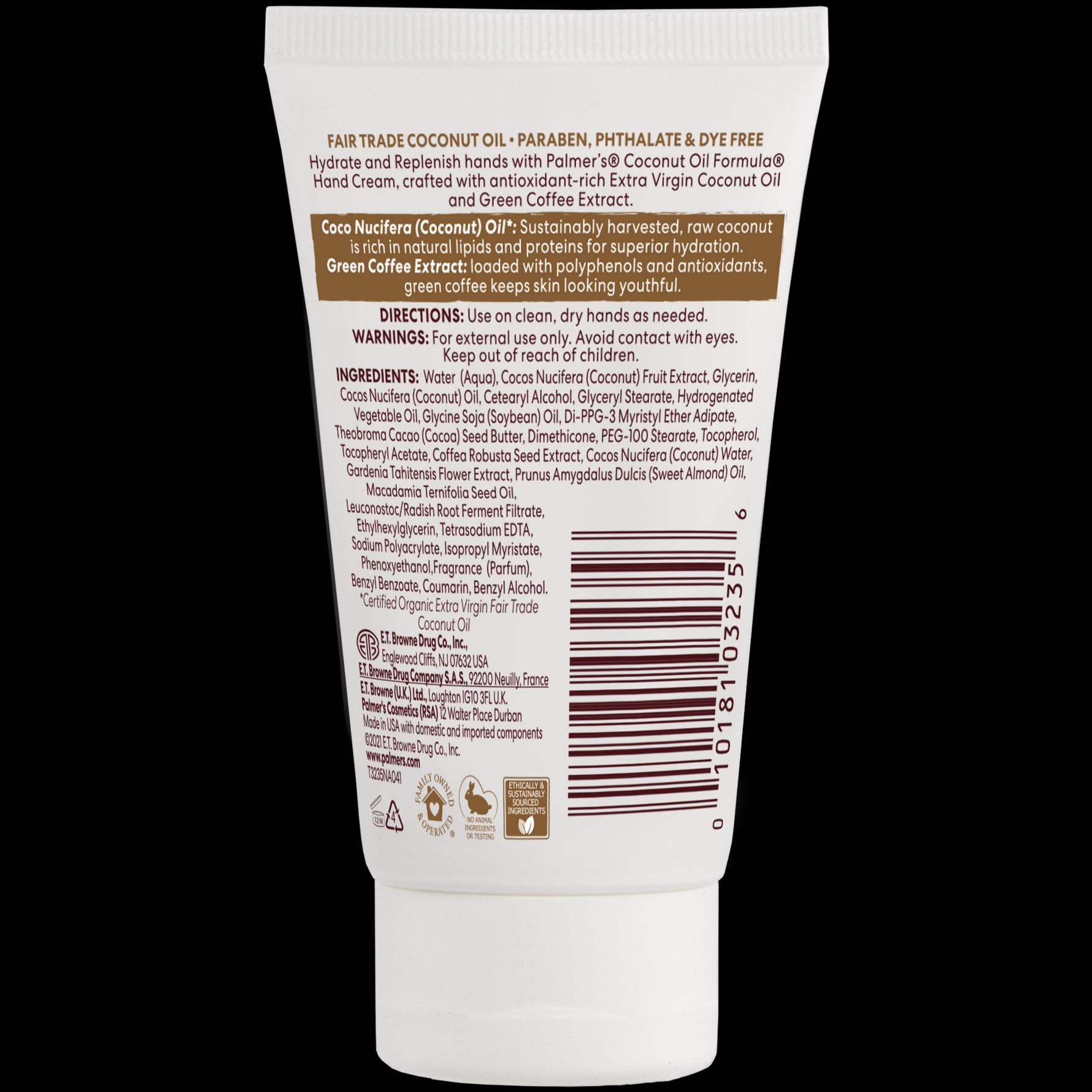 Back of Coconut Hydrate Hand Cream tube, highlighting paraben-free, fair-trade ingredients.